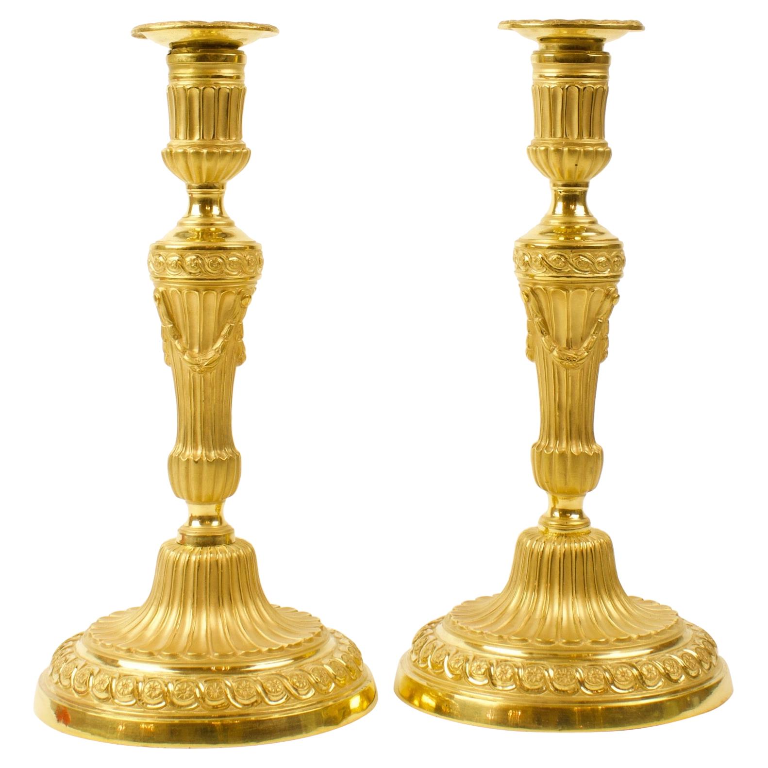 Pair of 18th Century French Louis XVI Neoclassical Gilt Bronze Candlesticks