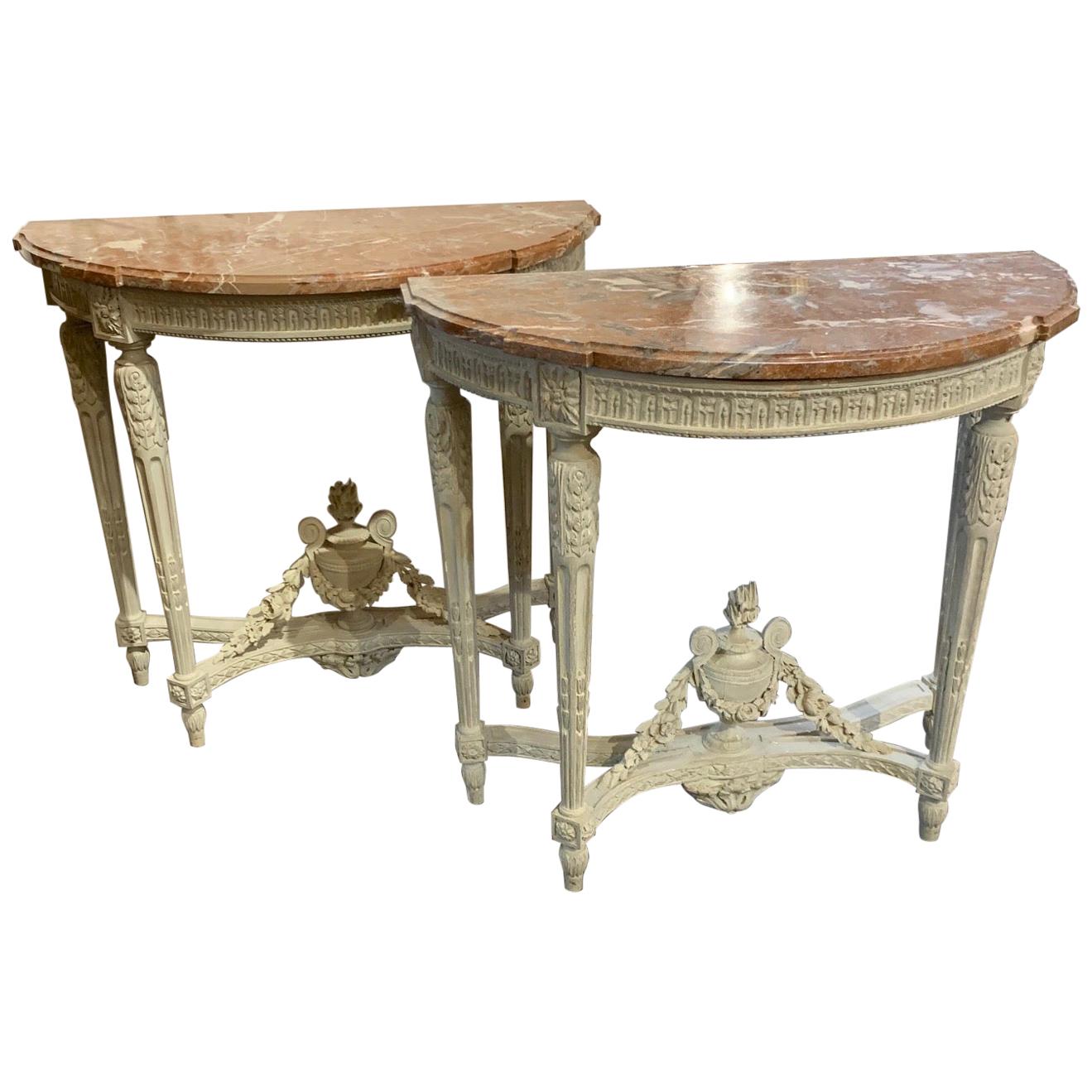 Pair of 18th Century French Louis XVI Style Carved and Painted Consoles