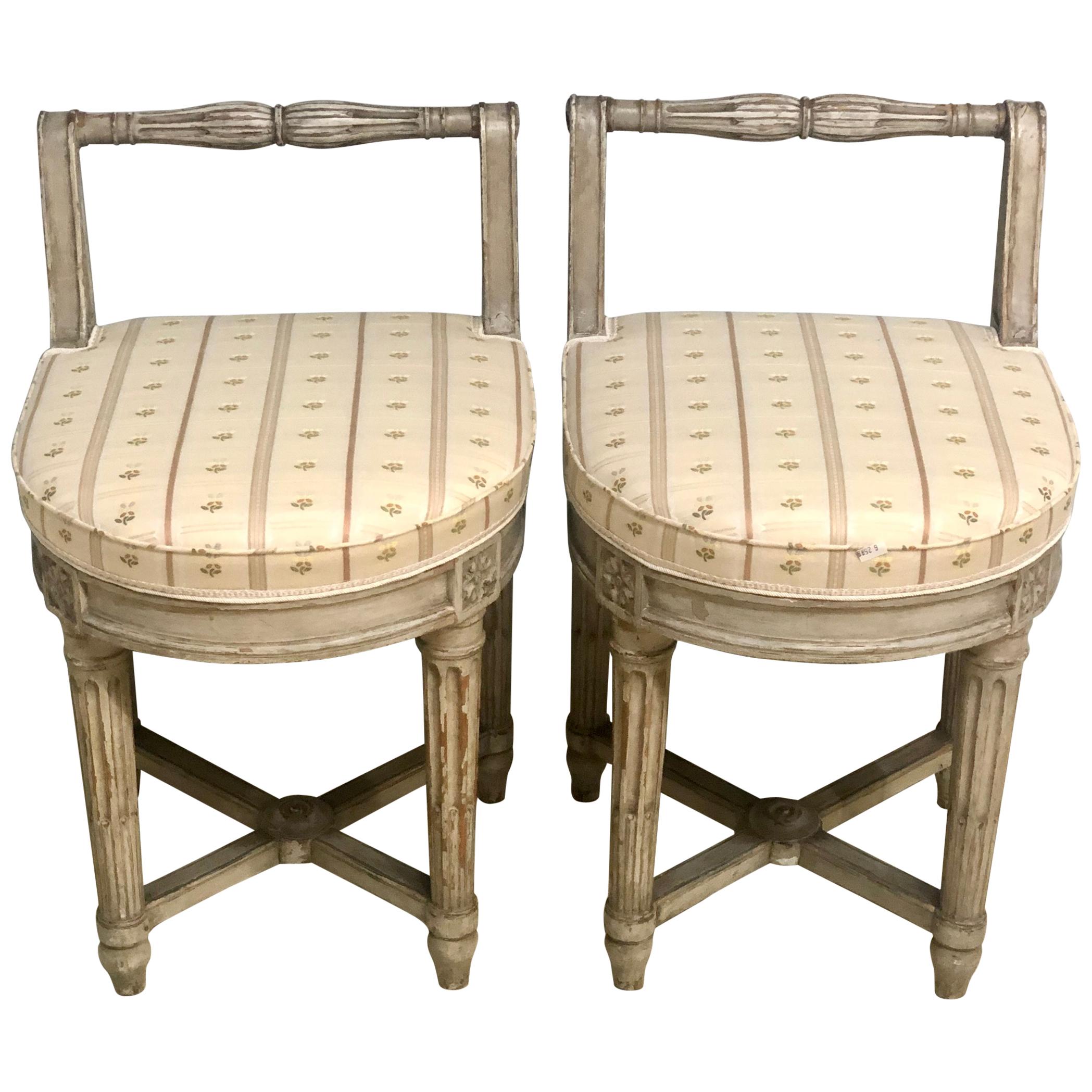 French Design, Louis XVI, Small Chairs, Ivory Painted Wood, Fabric, France 1740s For Sale