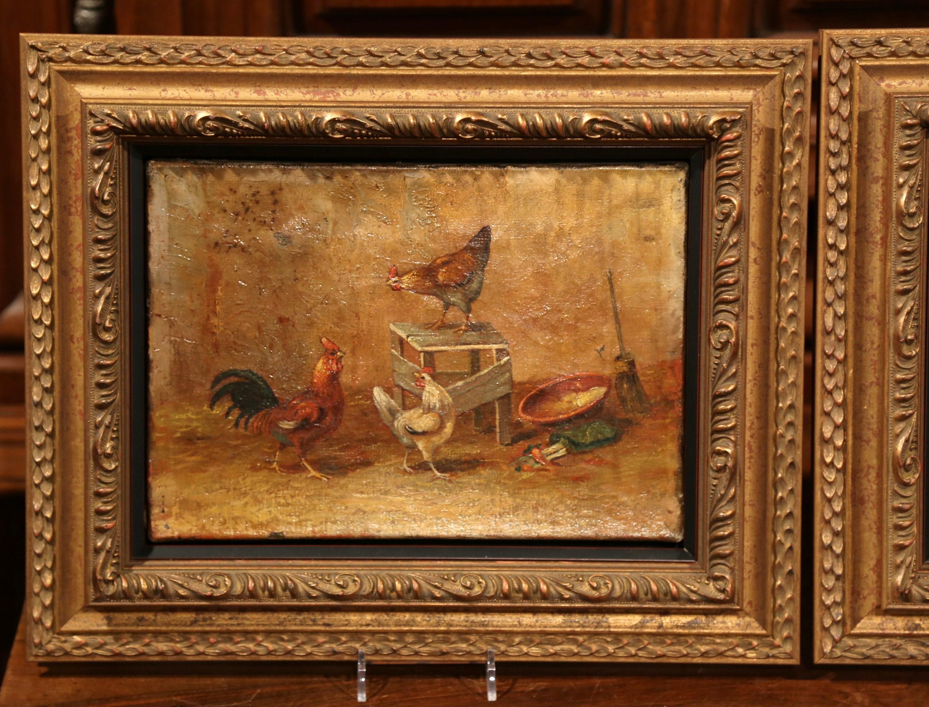 Decorate a kitchen wall with this elegant pair of antique paintings. Crafted in France circa 1780 and set in a new gilt wood frame, each artwork painted on canvas features colorful numerous chicken grazing in a farm yard. The paintings are in