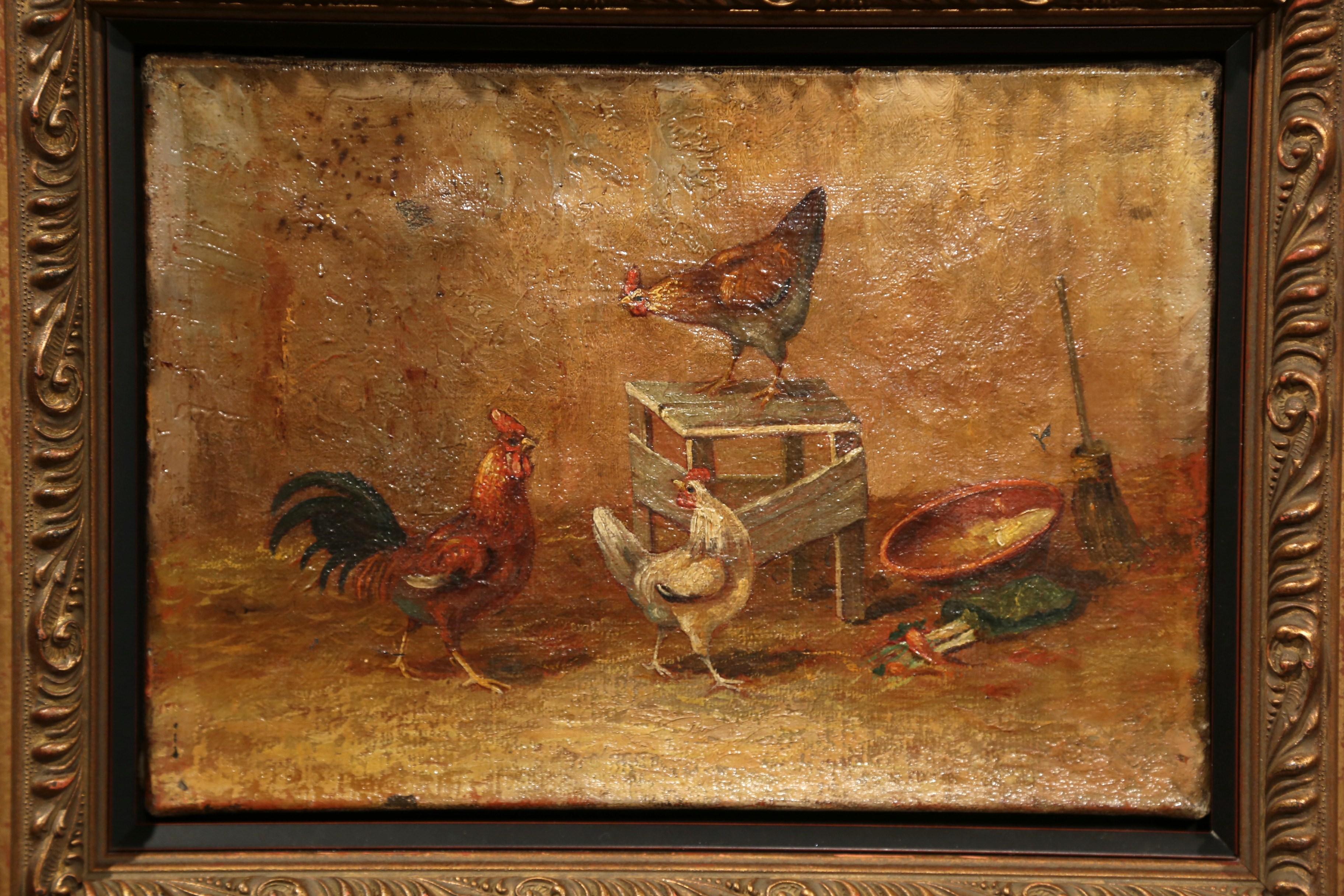 Pair of 18th Century French Oil on Canvas Chicken Paintings in Giltwood Frames 1