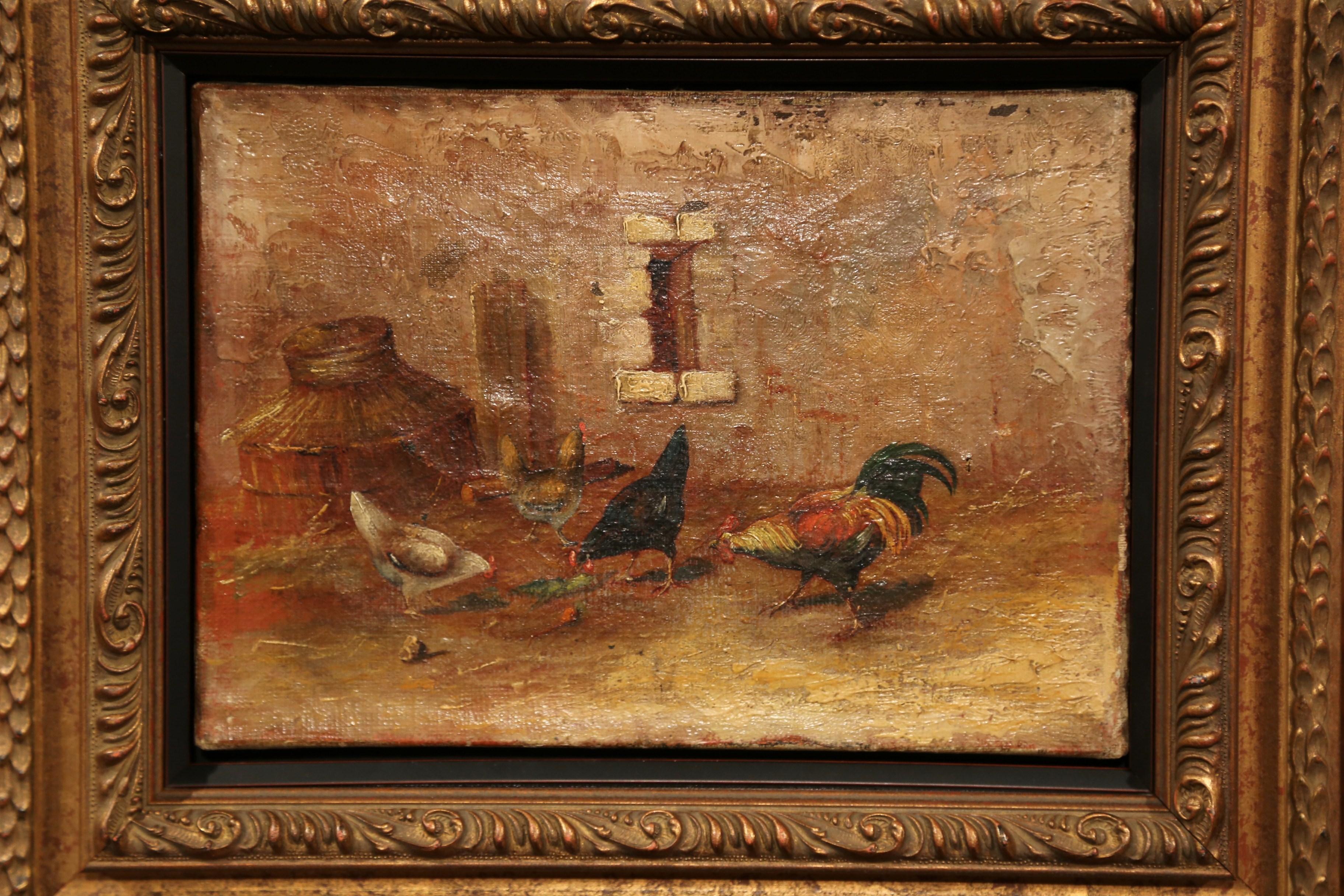 Pair of 18th Century French Oil on Canvas Chicken Paintings in Giltwood Frames 3