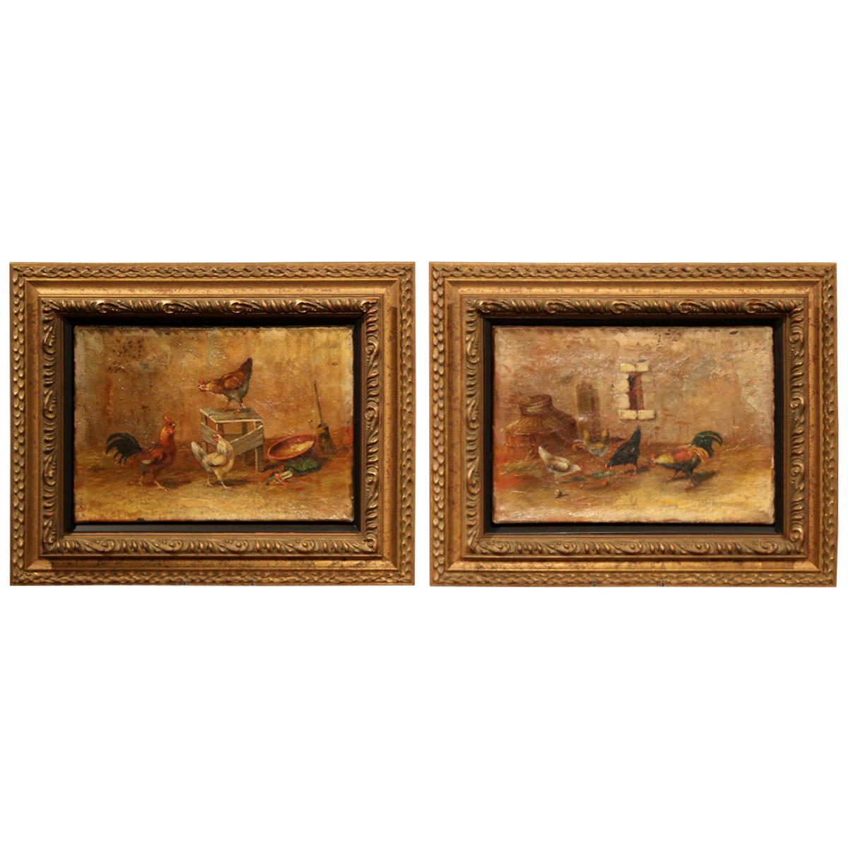Pair of 18th Century French Oil on Canvas Chicken Paintings in Giltwood Frames