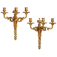 Antique Pair of 18th Century French Ormolu Three-Branch Wall Sconces