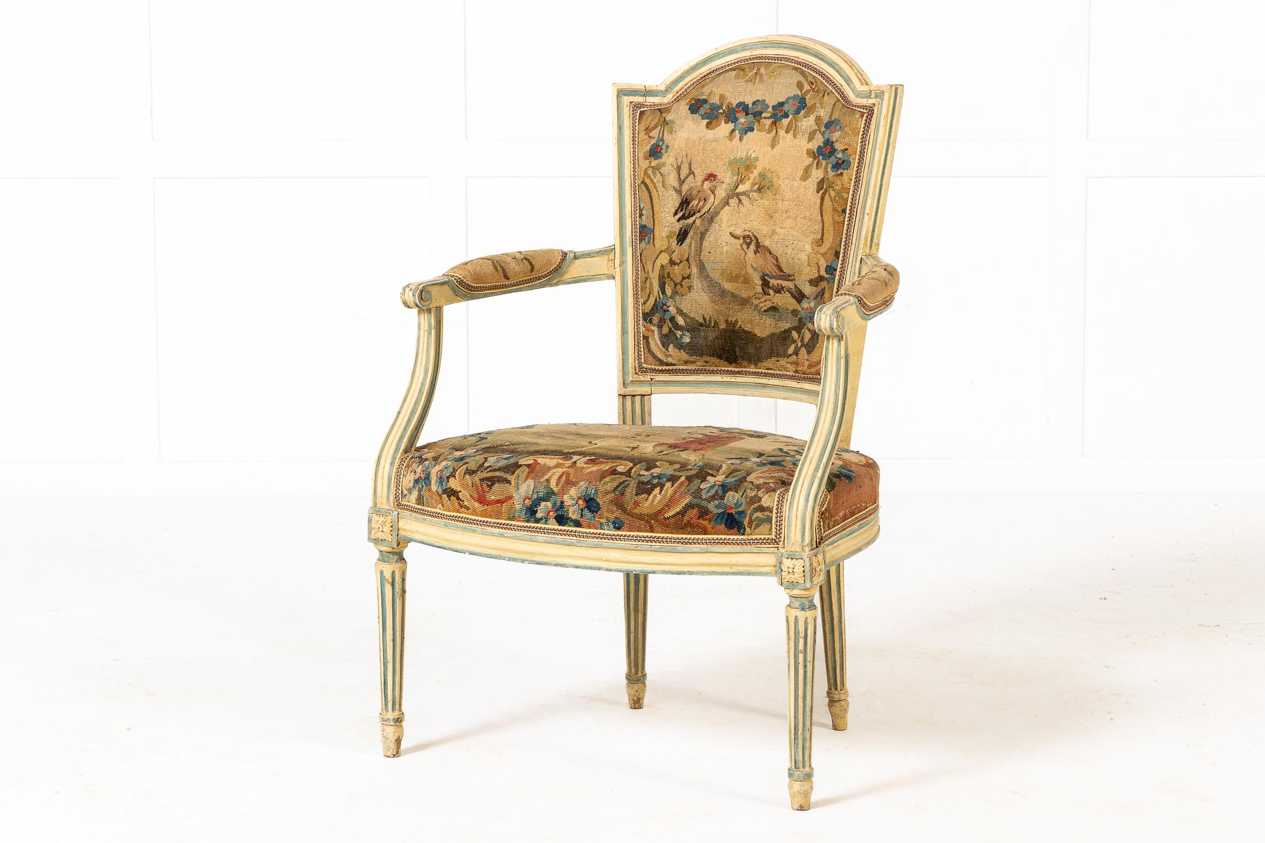 A Matched Pair of 18th Century French Painted Armchairs with Original Tapestry Upholstery with Animal Themes

These lovely armchairs retain their original blue and cream paint scheme and the original tapestry upholstery. The tapestry was probably