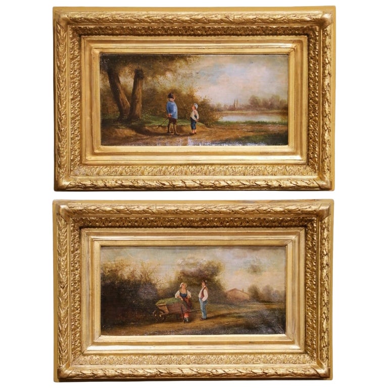 Pair of 18th Century French Pastoral Oil Paintings in Original Gilt Frames