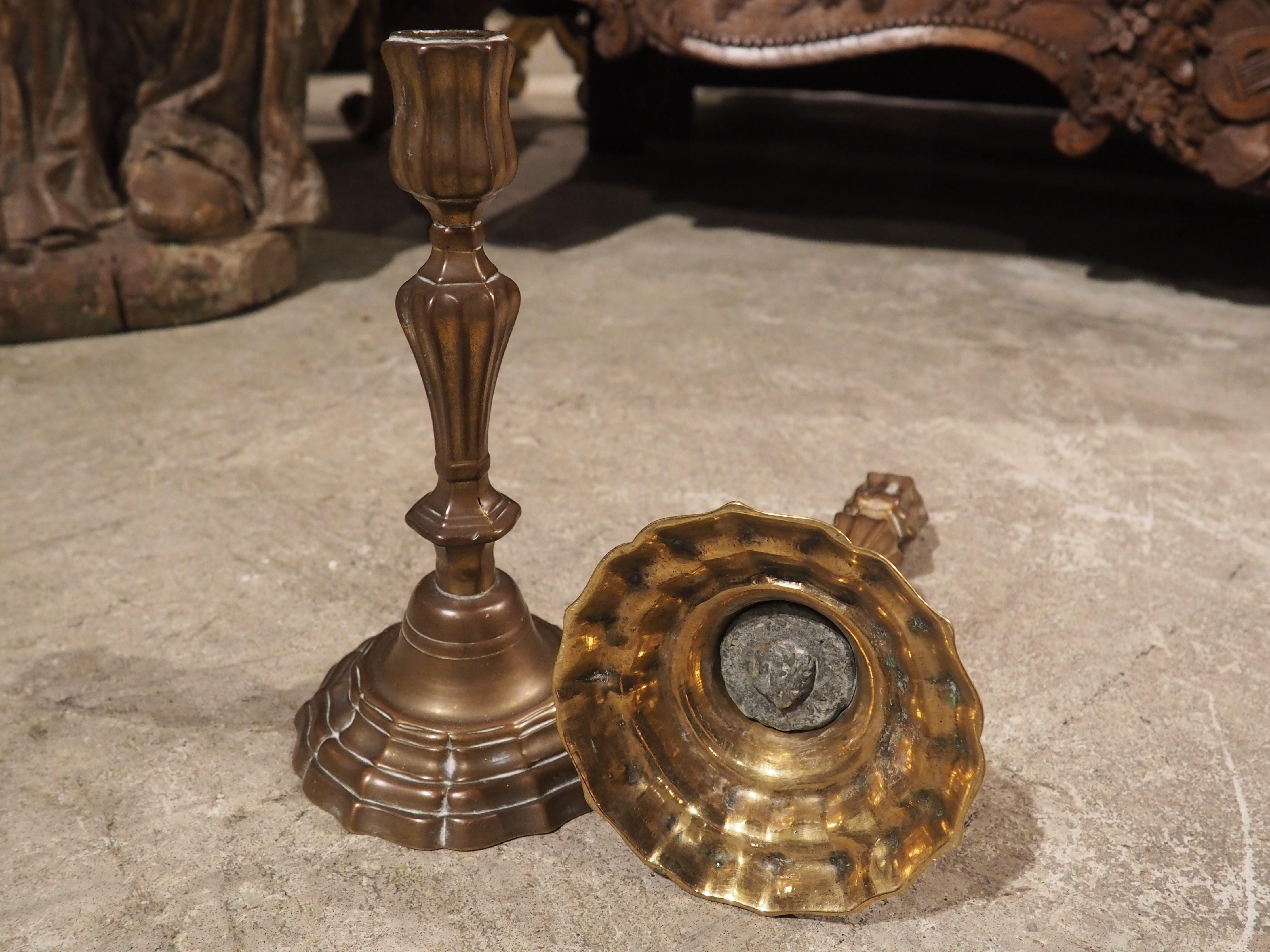 Pair of 18th Century French Patinated Bronze Candlesticks For Sale 4