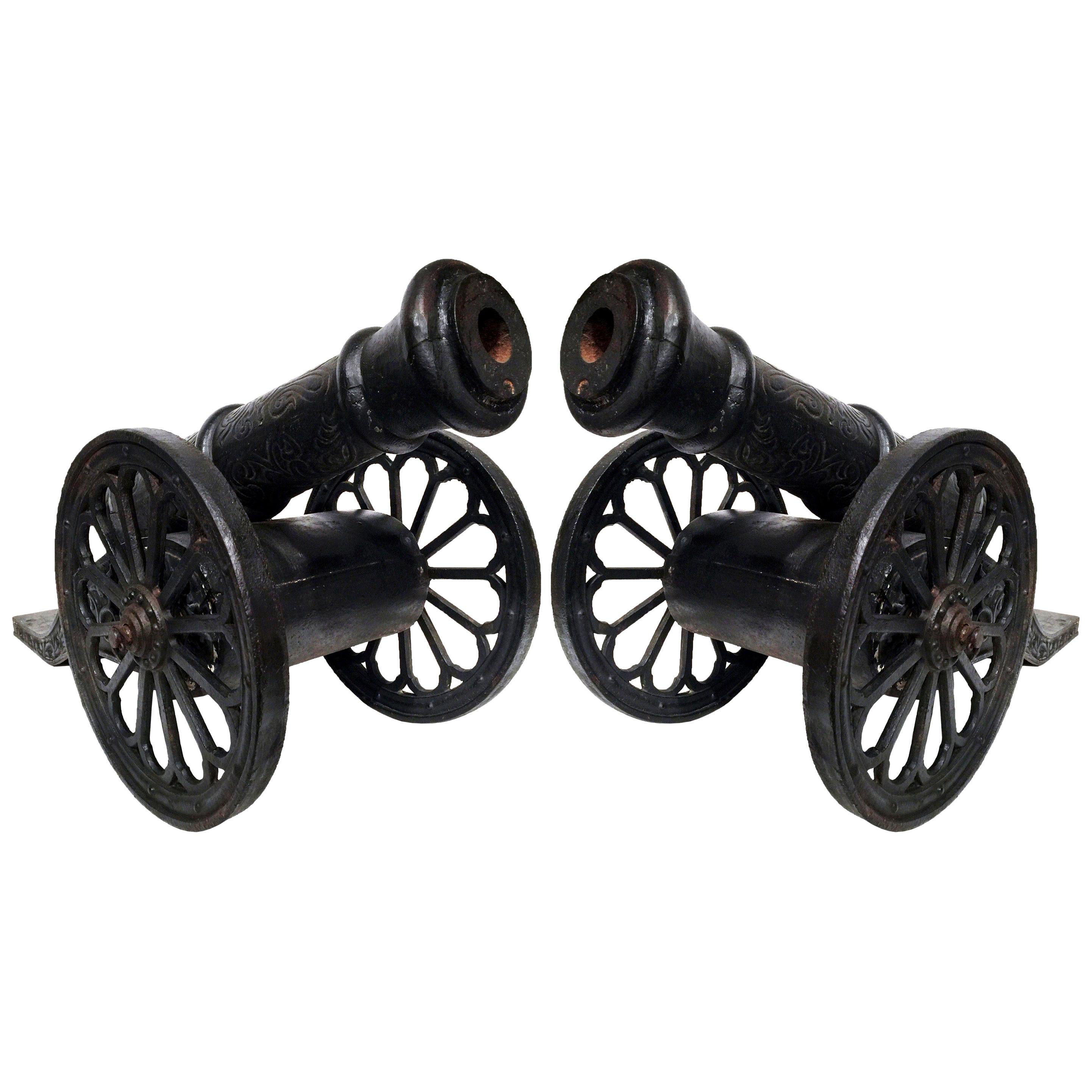 Pair of 18th Century French Patinated Decorative Wrought Iron Cannons on Wheels