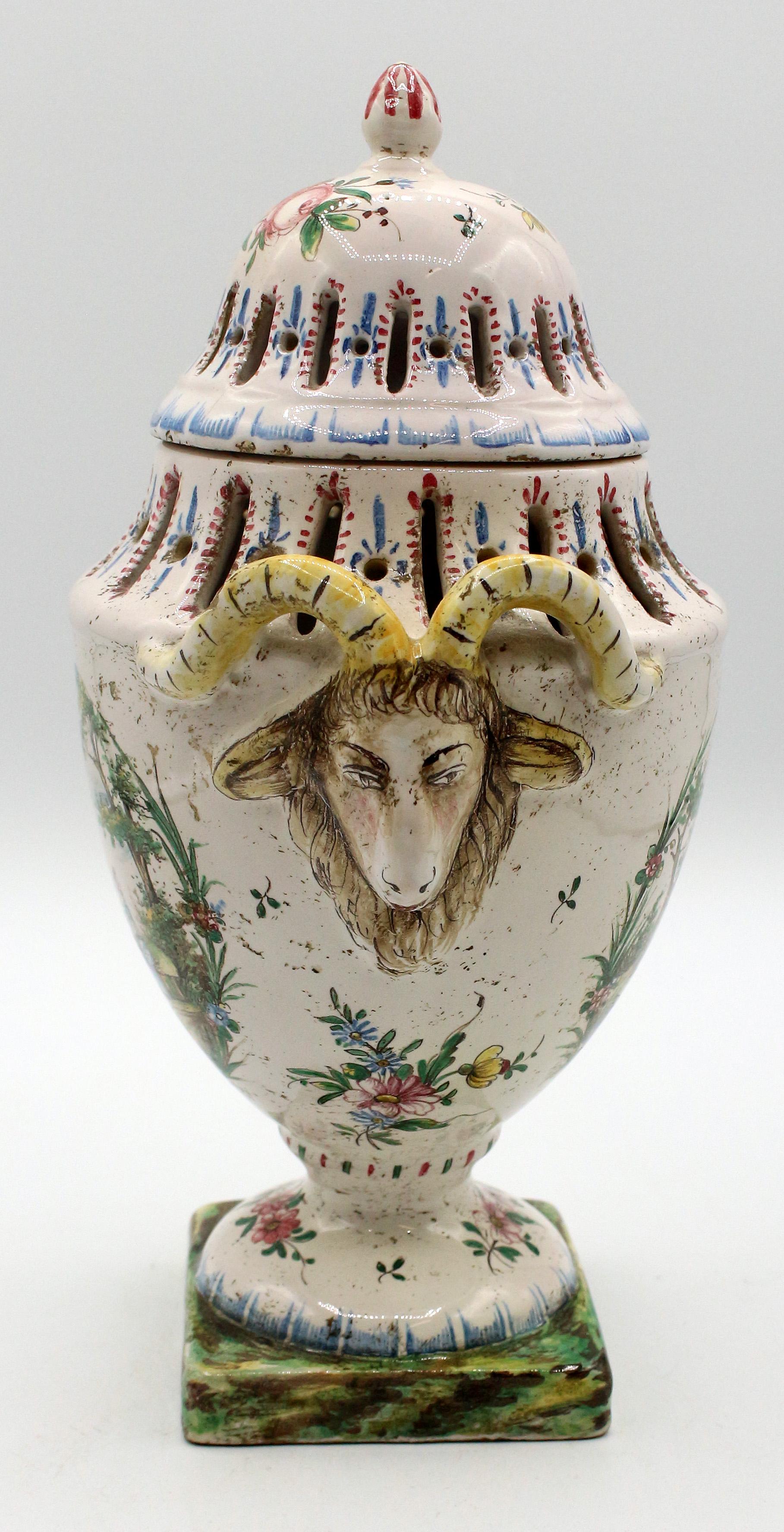 Faience Pair of 18th Century French Potpourri Urns