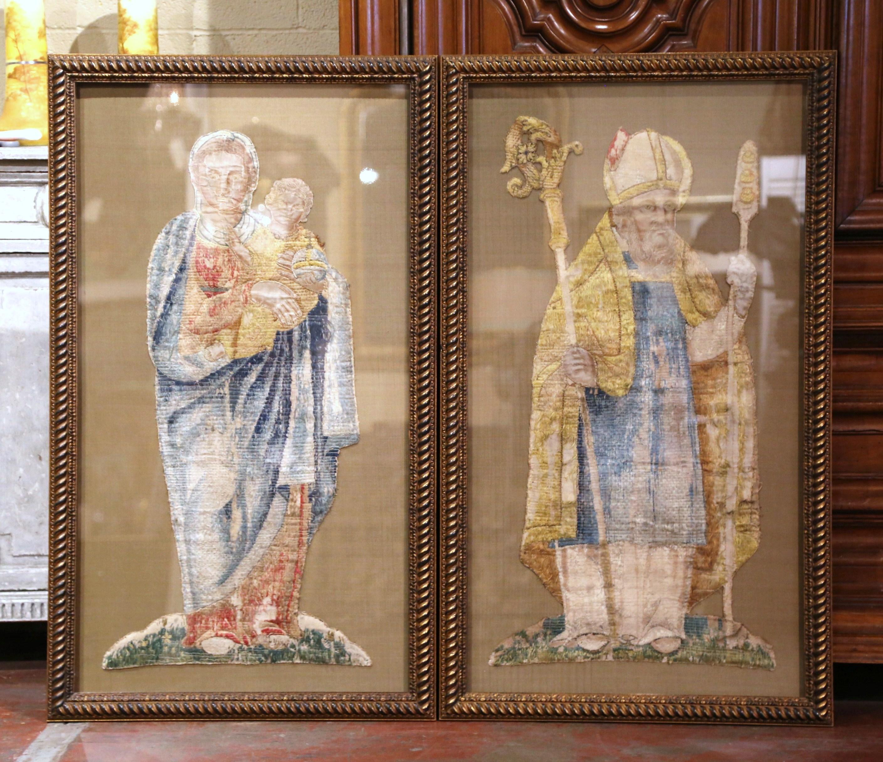 Pair of 18th Century French Religious Tapestries in Carved Gilt Frames 1