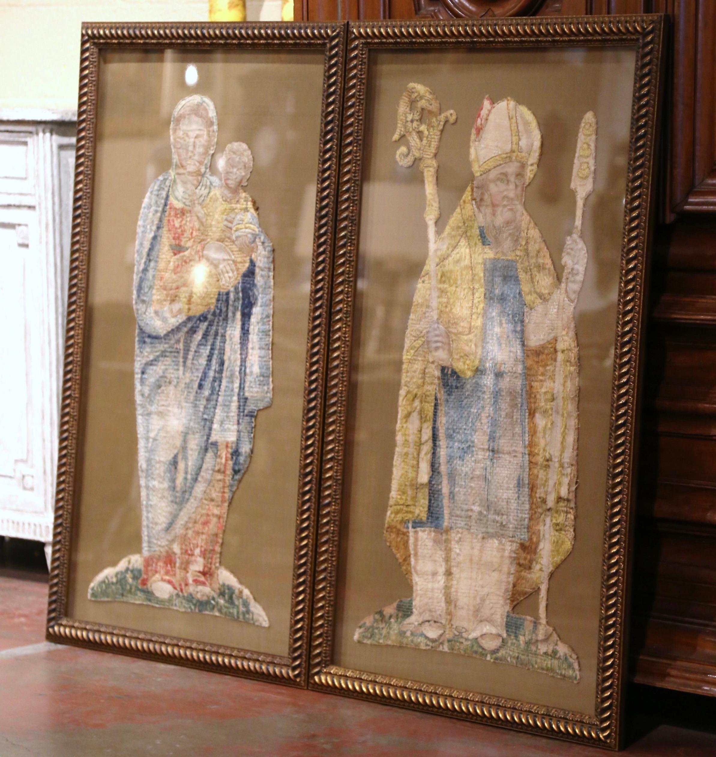 Pair of 18th Century French Religious Tapestries in Carved Gilt Frames 4