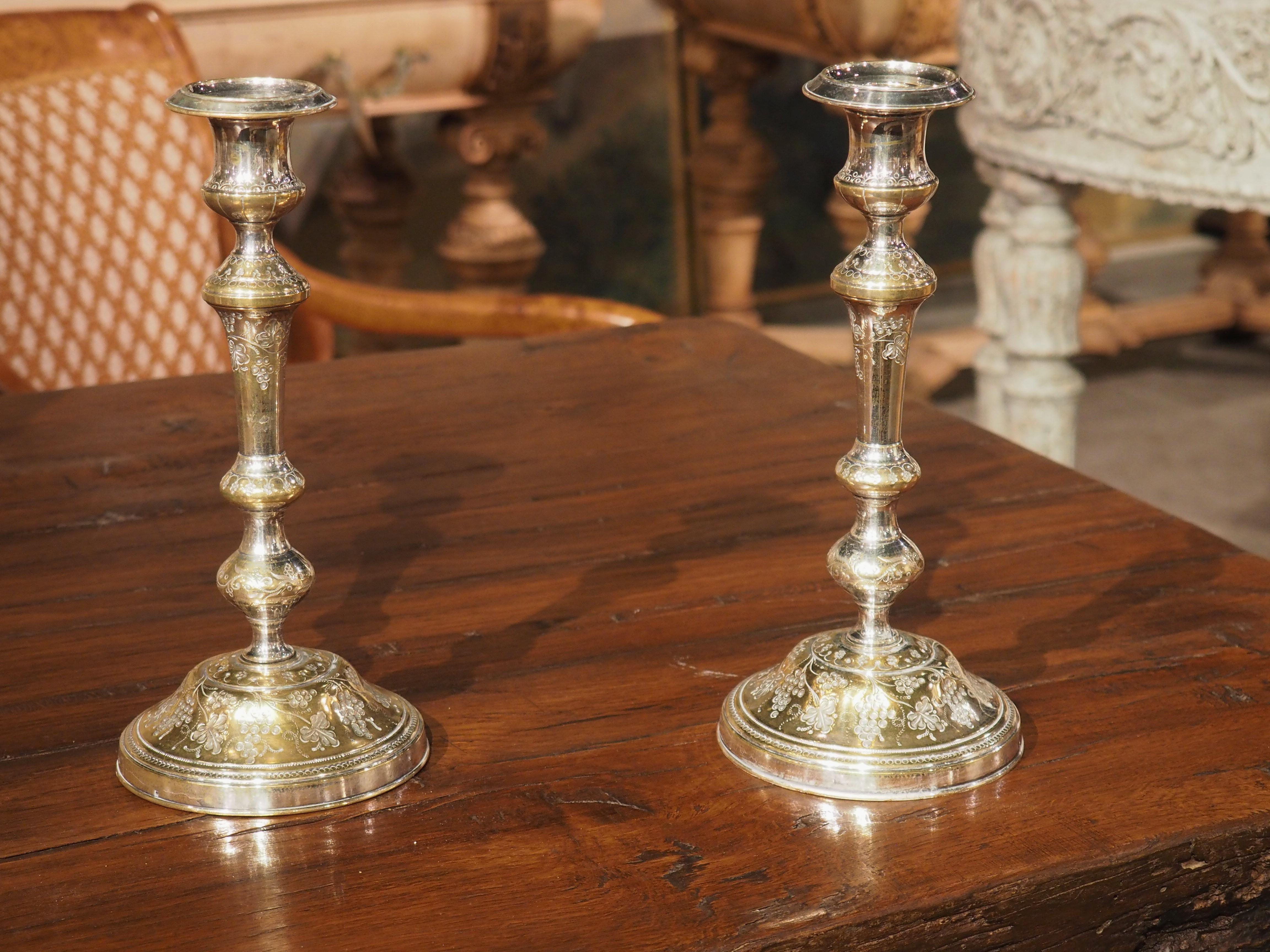 Pair of 18th Century French Silvered Bronze Candlesticks, Grape Cluster Design For Sale 8