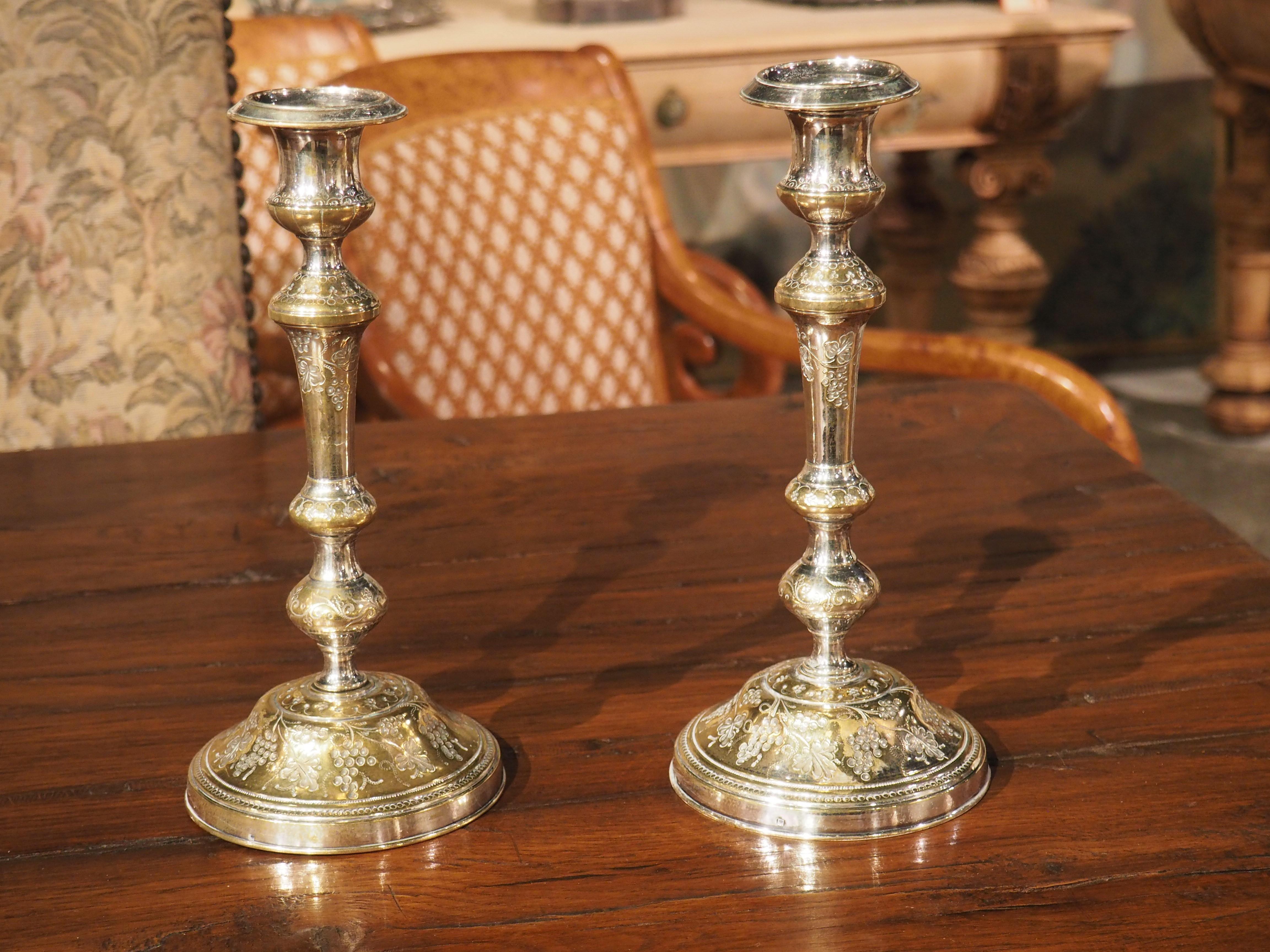Pair of 18th Century French Silvered Bronze Candlesticks, Grape Cluster Design For Sale 9