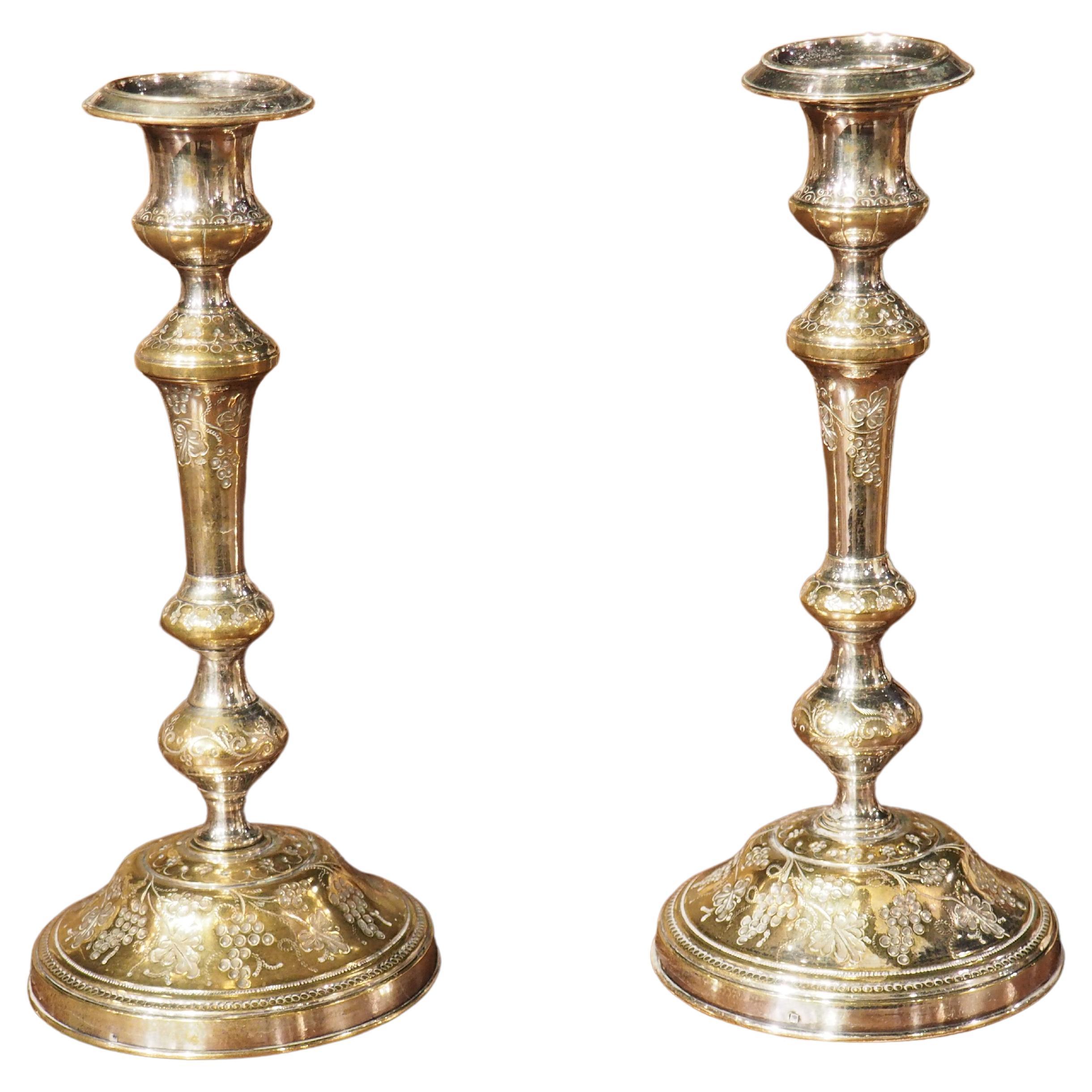 Pair of 18th Century French Silvered Bronze Candlesticks, Grape Cluster Design For Sale