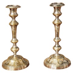 Antique Pair of 18th Century French Silvered Bronze Candlesticks, Grape Cluster Design