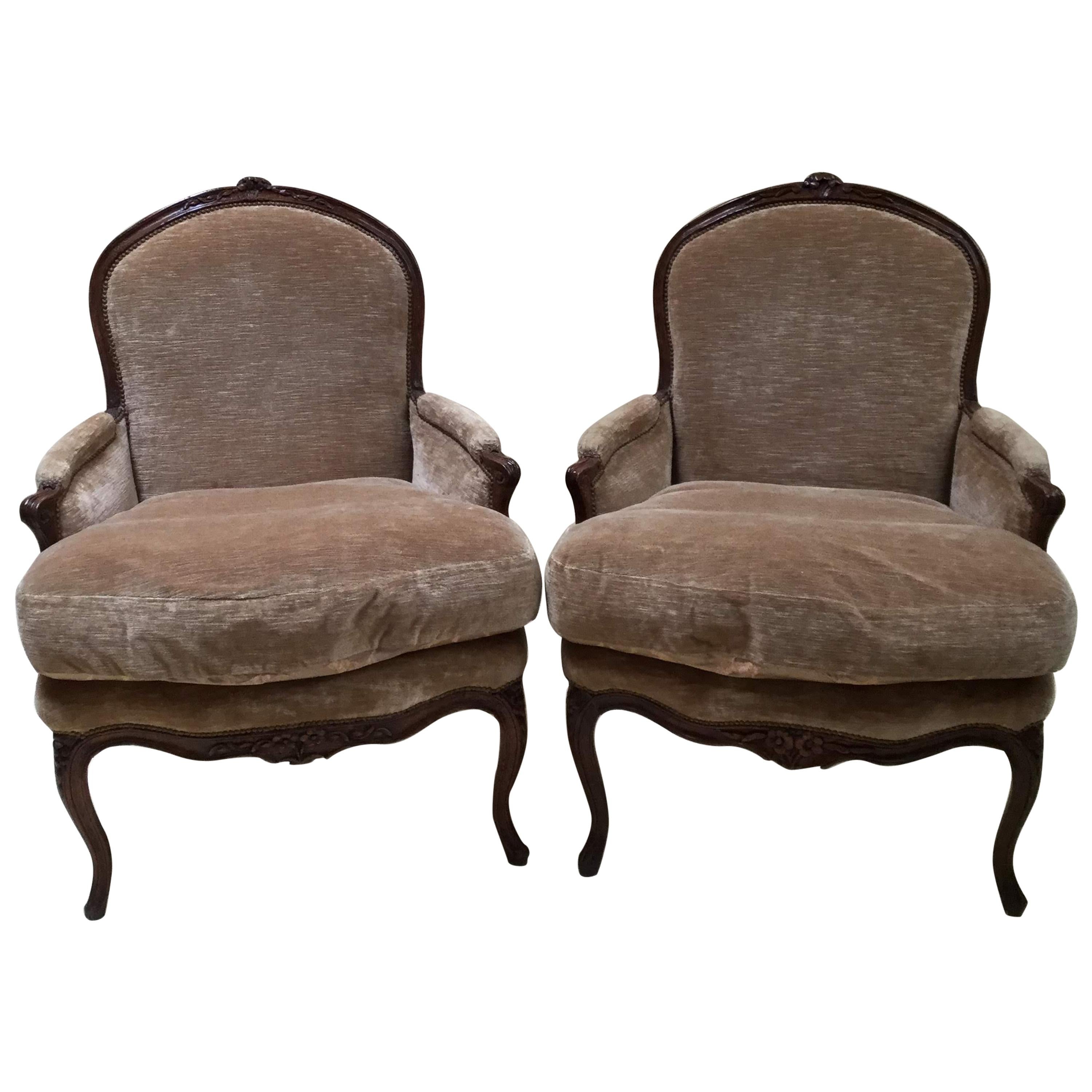 Pair of 18th Century French Walnut Bergere Chairs For Sale