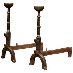 Antique Pair of 18th Century, French Wrought Iron Fireplace Andirons with Bowls