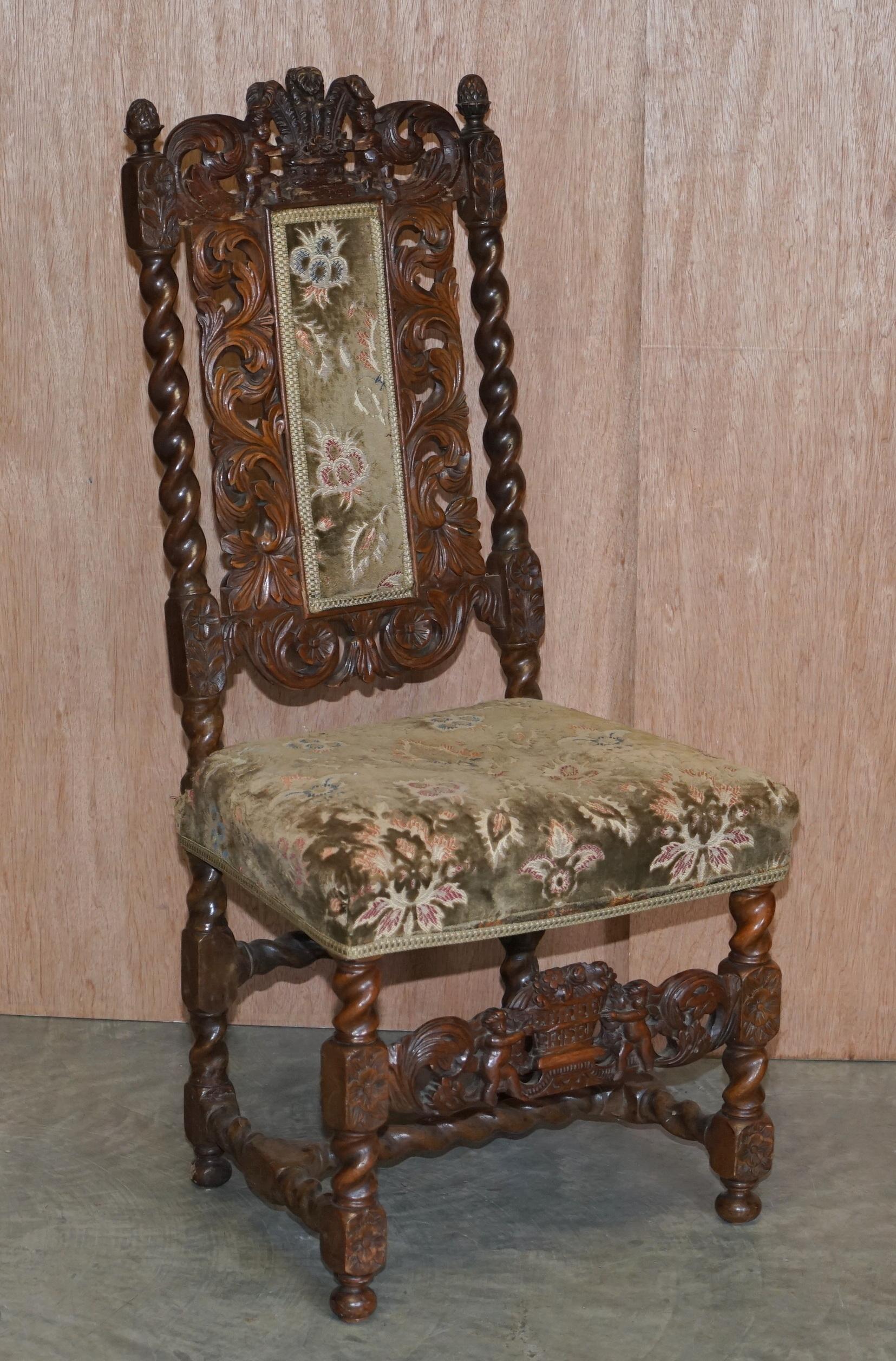 Pair of 18th Century Fruit Wood Carved Chair Cherubs Holding a Crown and Flowers For Sale 4