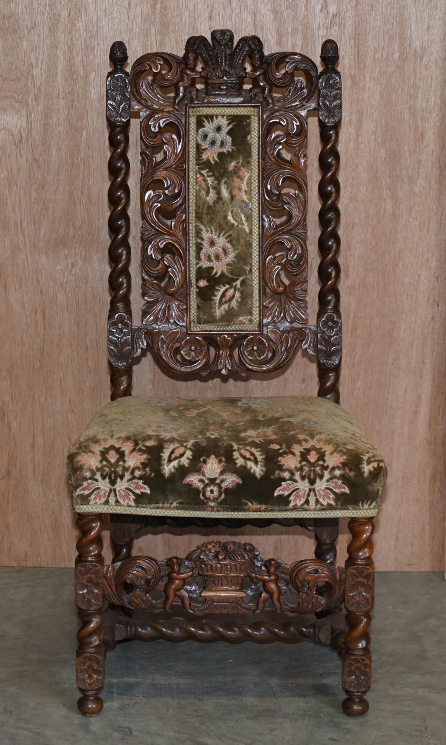 Pair of 18th Century Fruit Wood Carved Chair Cherubs Holding a Crown and Flowers For Sale 6