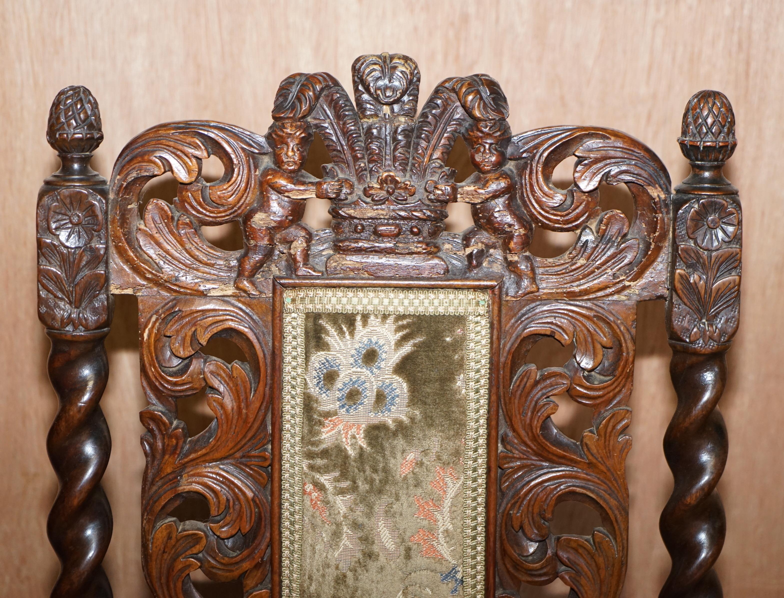 Pair of 18th Century Fruit Wood Carved Chair Cherubs Holding a Crown and Flowers For Sale 8