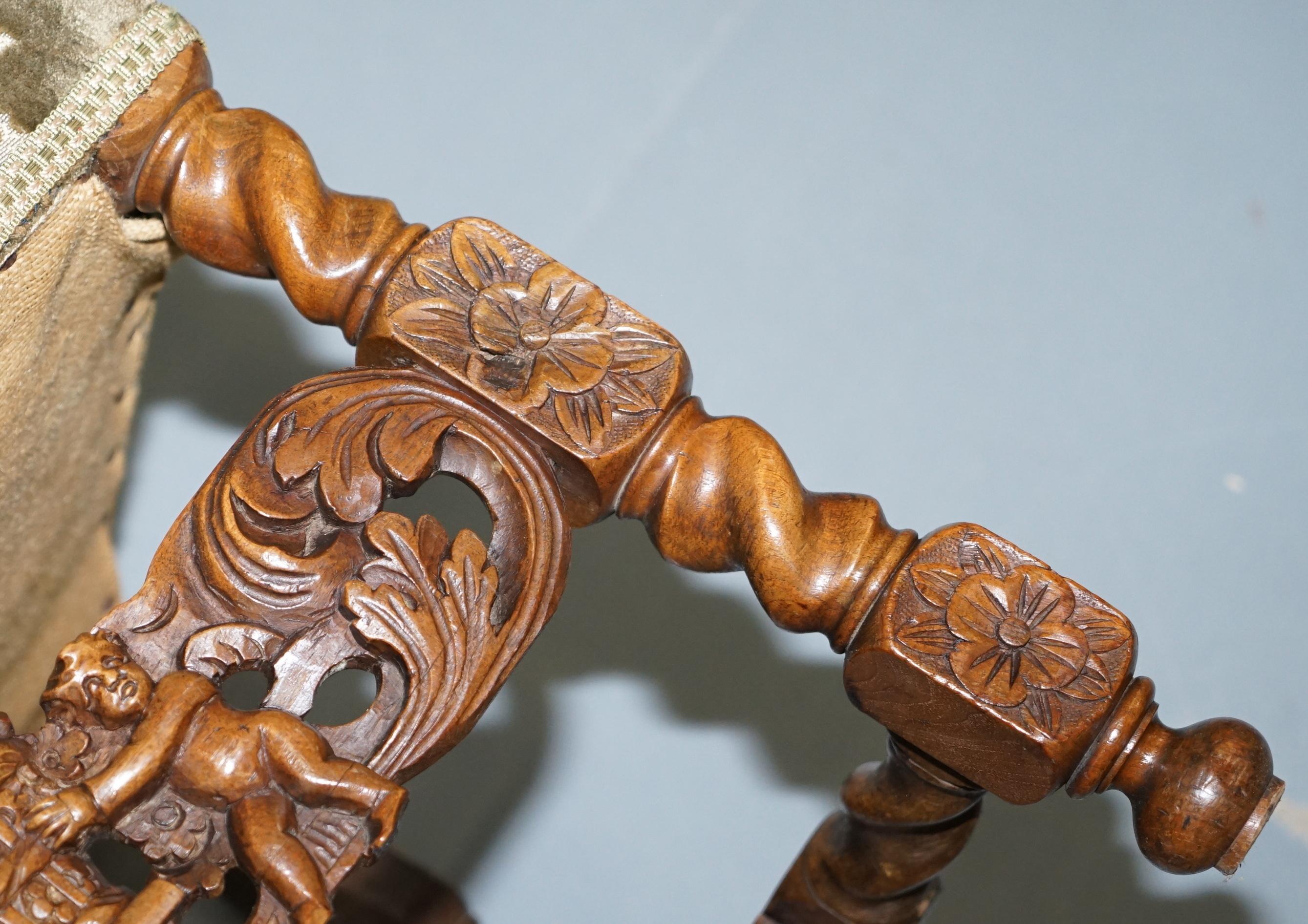 Pair of 18th Century Fruit Wood Carved Chair Cherubs Holding a Crown and Flowers For Sale 3