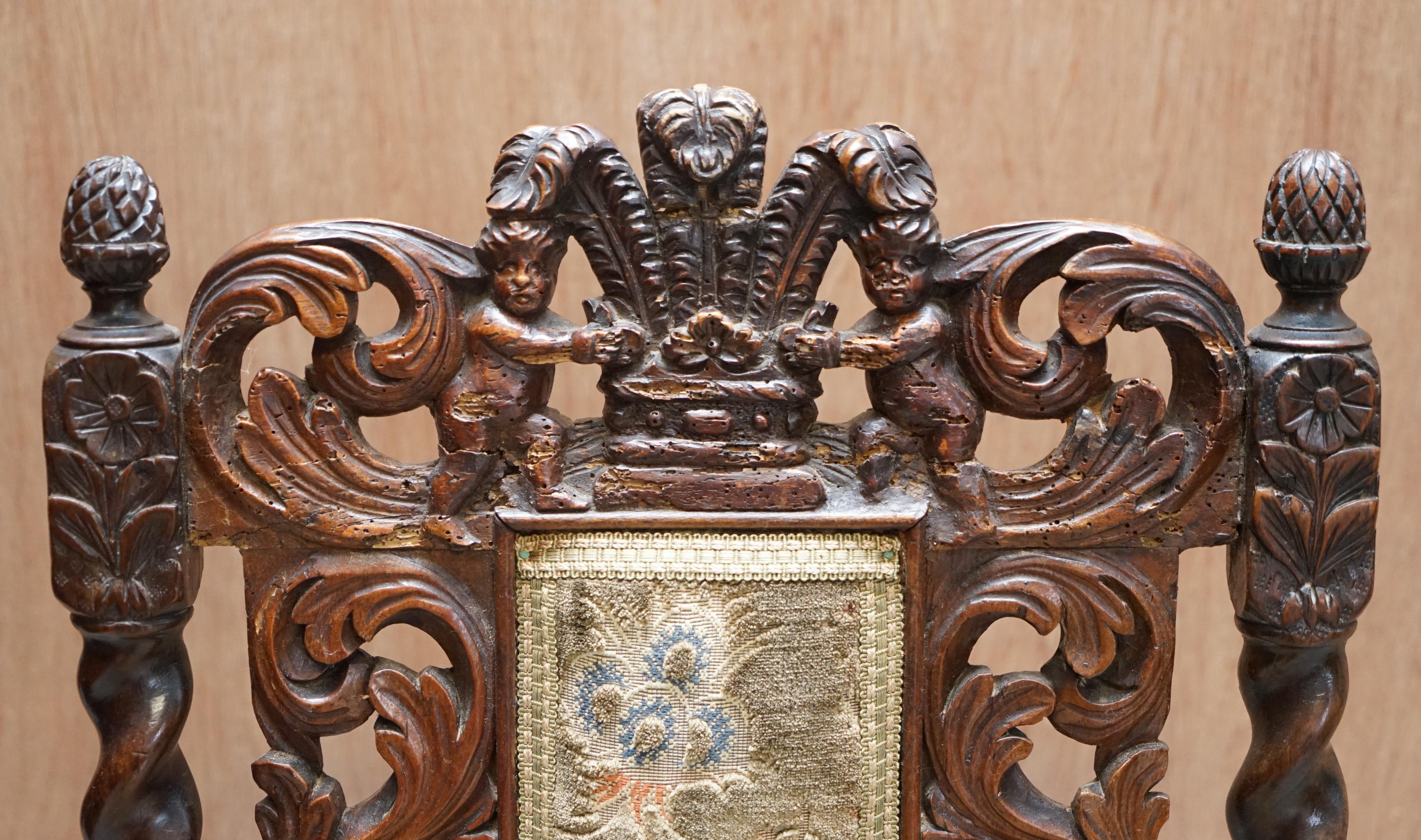 Pair of 18th Century Fruit Wood Carved Chair Cherubs Holding a Crown and Flowers For Sale 9