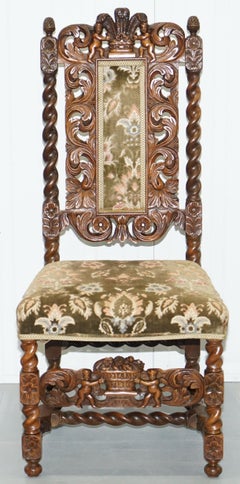 Pair of 18th Century Fruit Wood Carved Chair Cherubs Holding a Crown and Flowers