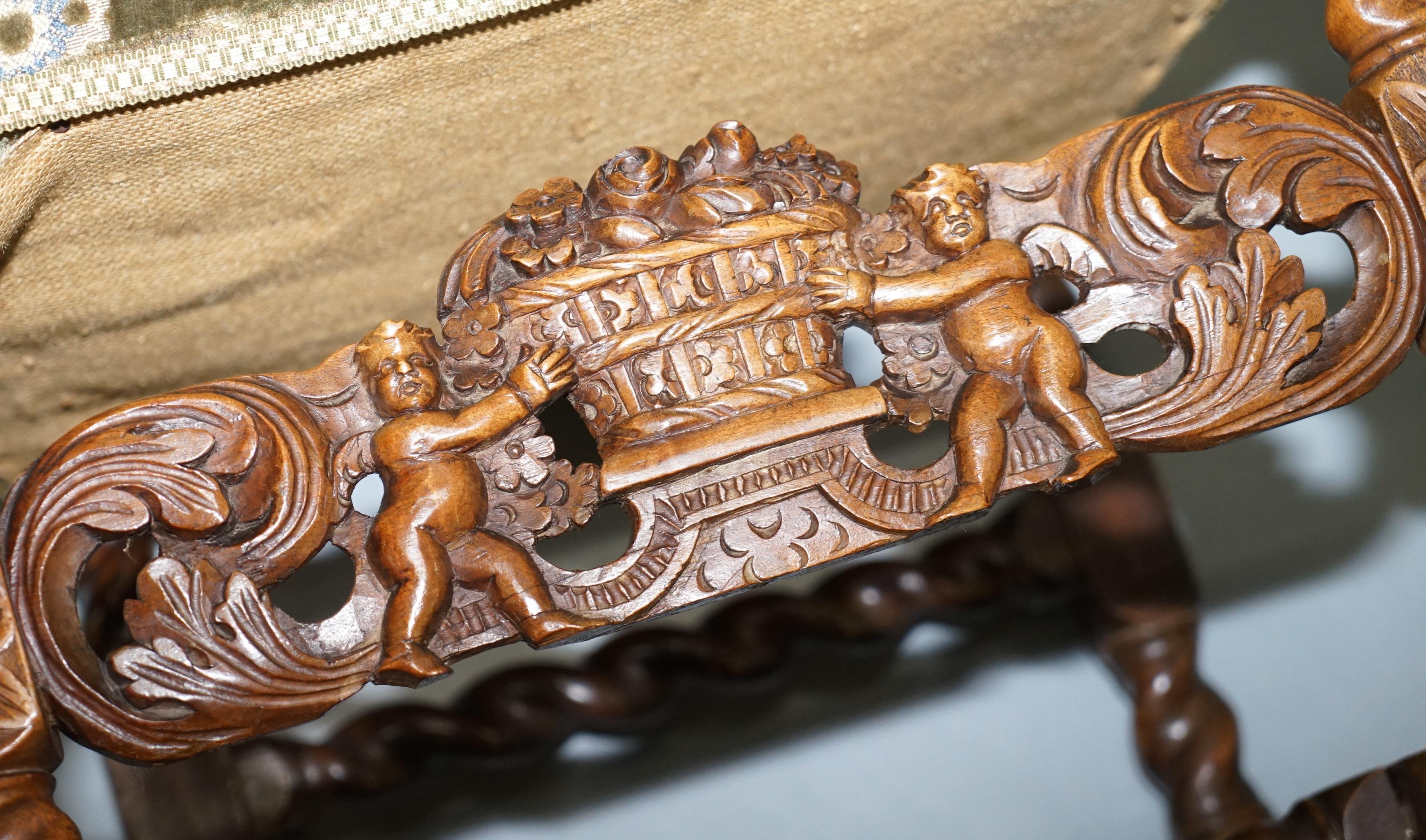 Pair of 18th Century Fruit Wood Carved Chair Cherubs Holding a Crown and Flowers For Sale 4