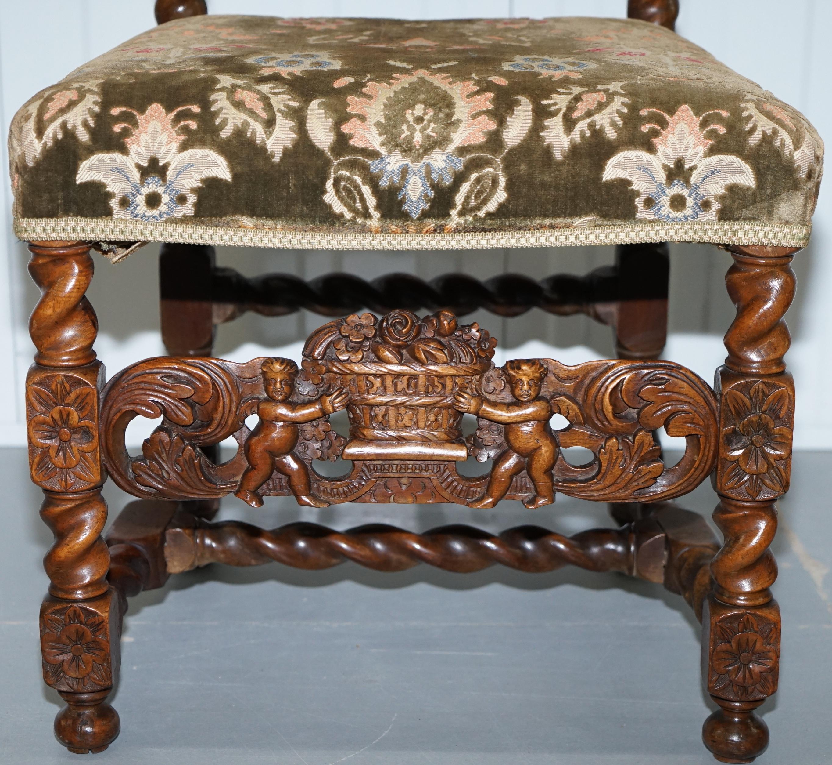 Georgian Pair of 18th Century Fruit Wood Carved Chair Cherubs Holding a Crown and Flowers For Sale