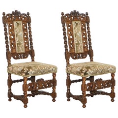 Antique Pair of 18th Century Fruit Wood Carved Chair Cherubs Holding a Crown and Flowers