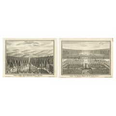 Pair of 18th-Century Garden Engravings – Hellbrunn & Trianon, Baroque Views