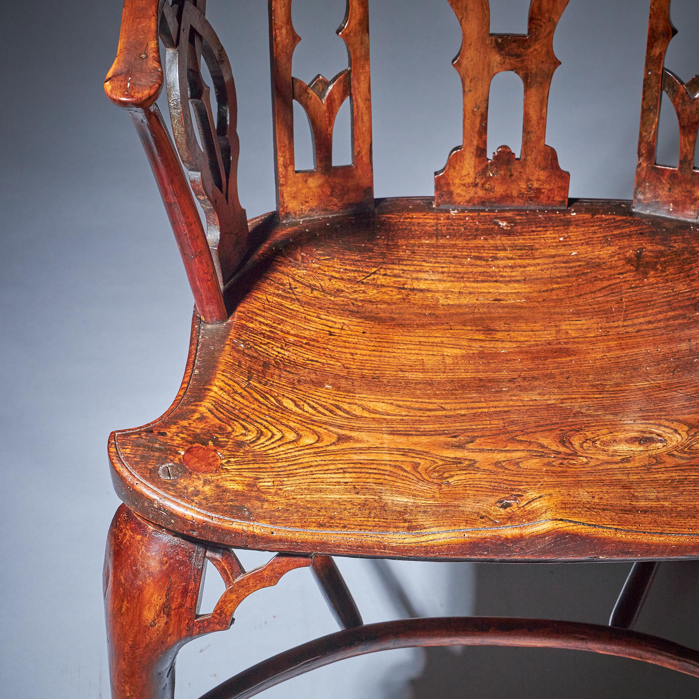 Pair of 18th Century George II Gothic Yew and Elm Windsor Armchairs, circa 1760 For Sale 1