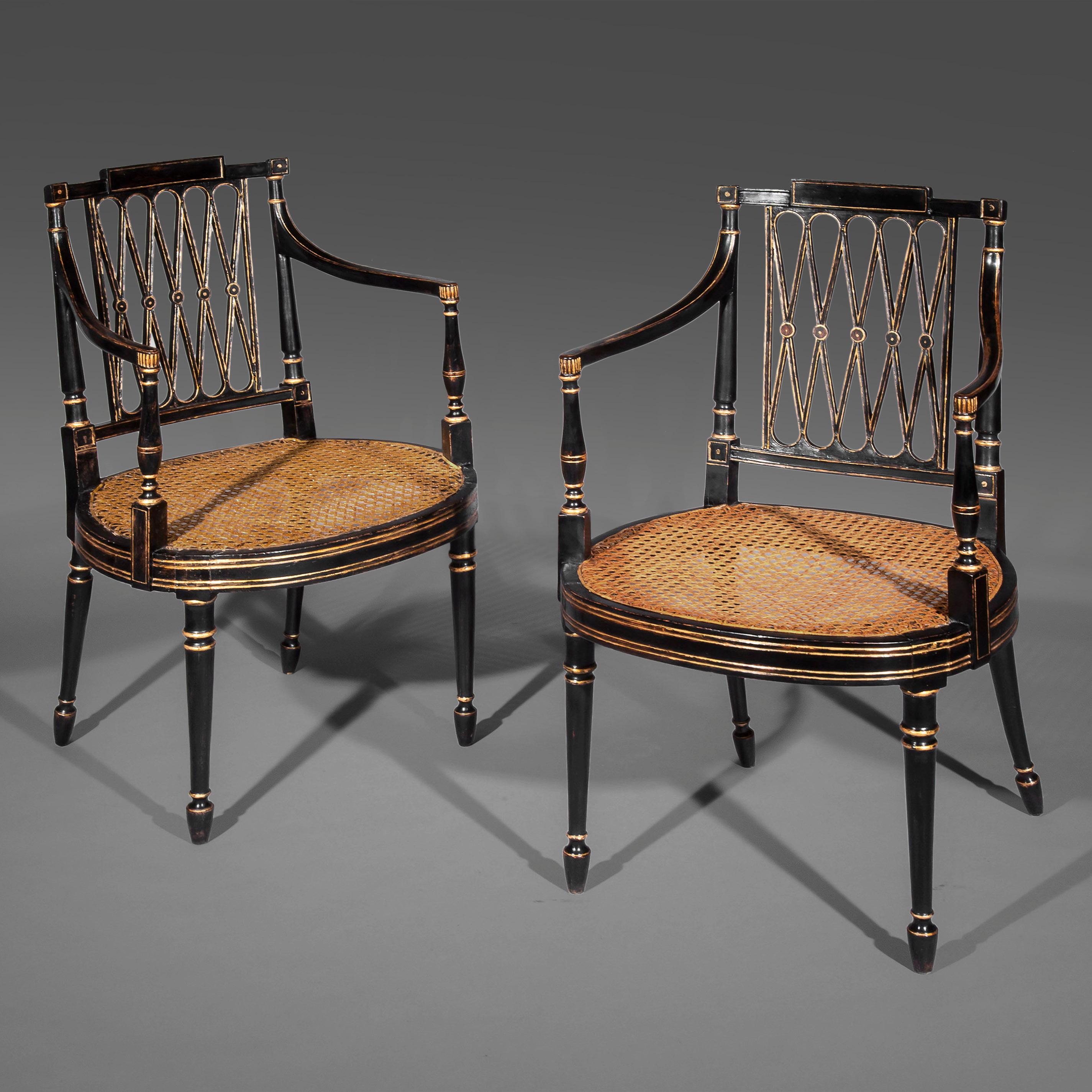 An elegant pair of George III period ebonised and parcel-gilt armchairs of the Garforth pattern, attributable to Gillows of Lancaster and London,
England, circa 1795.

Why we like them
These particularly rare and delicate, wonderfully