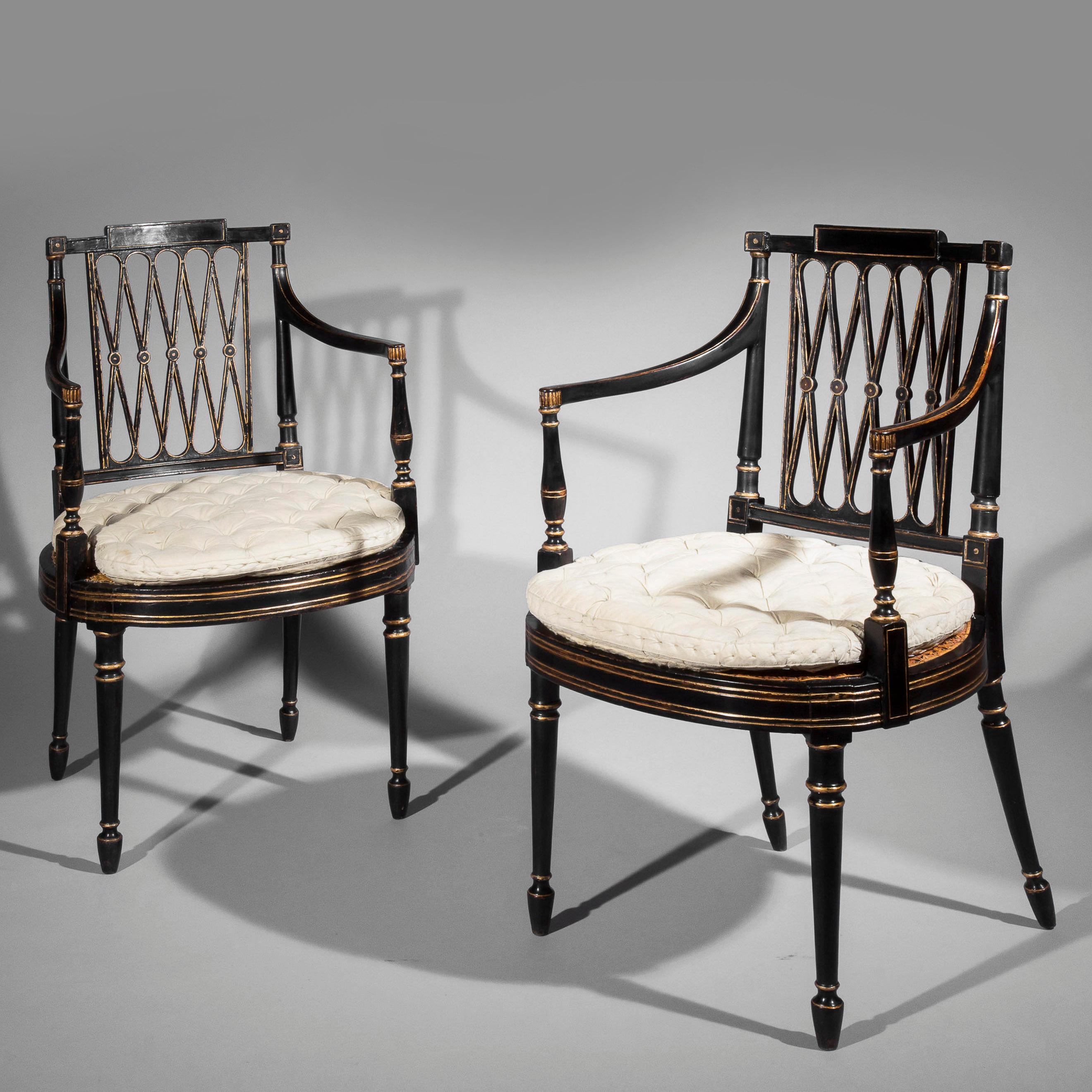 Pair of 18th Century George III Black Painted and Gilt Armchairs 2