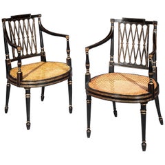 Antique Pair of 18th Century George III Black Painted and Gilt Armchairs