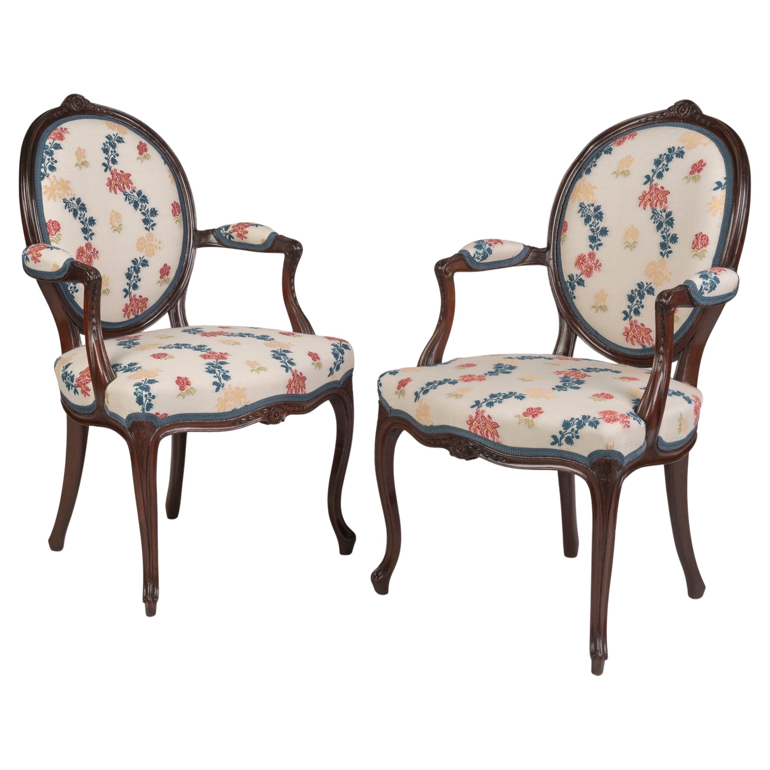 Pair of 18th Century George III Period Mahogany Armchairs with Floral Upholstery