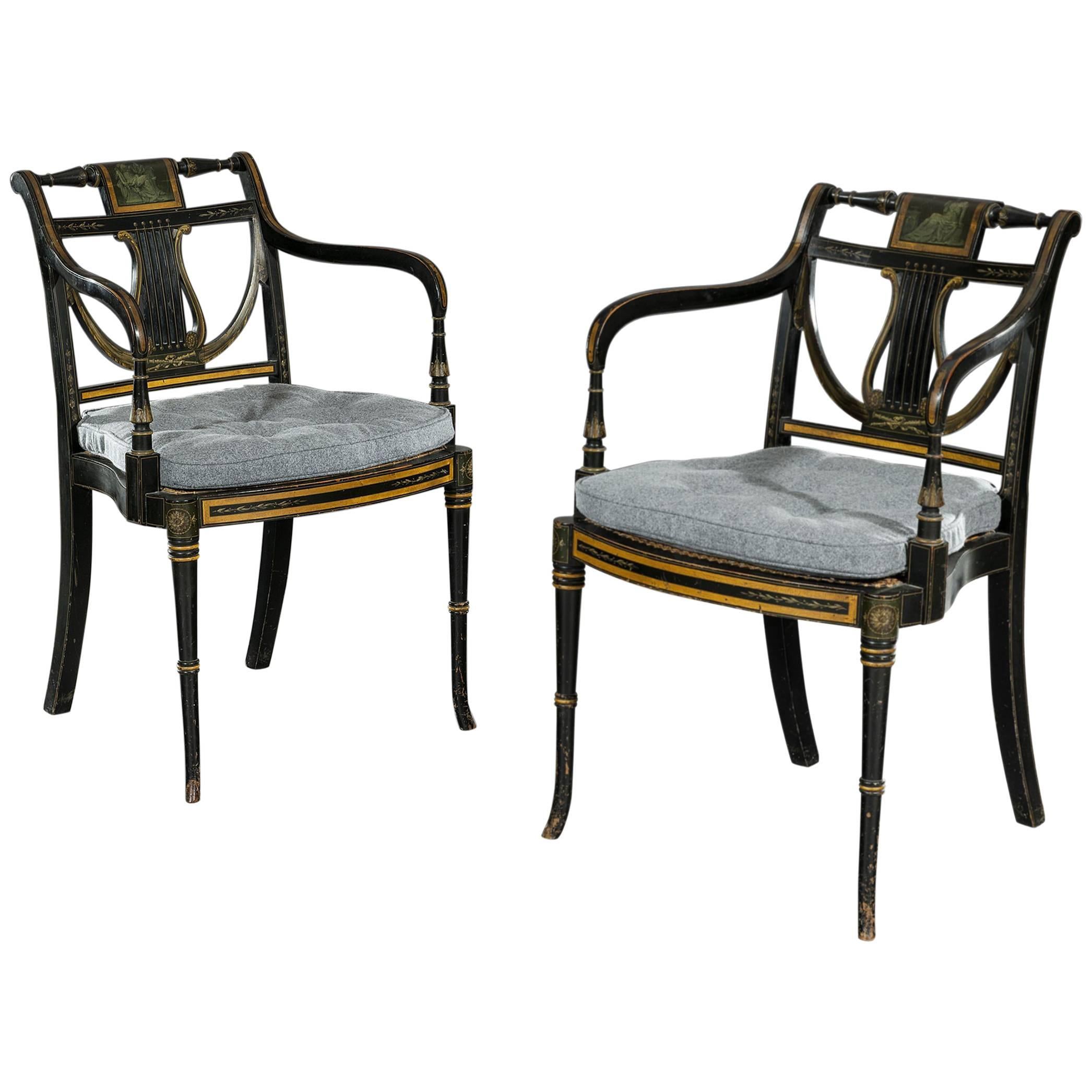 Pair of 18th Century George III Sheraton Period Painted Armchairs For Sale