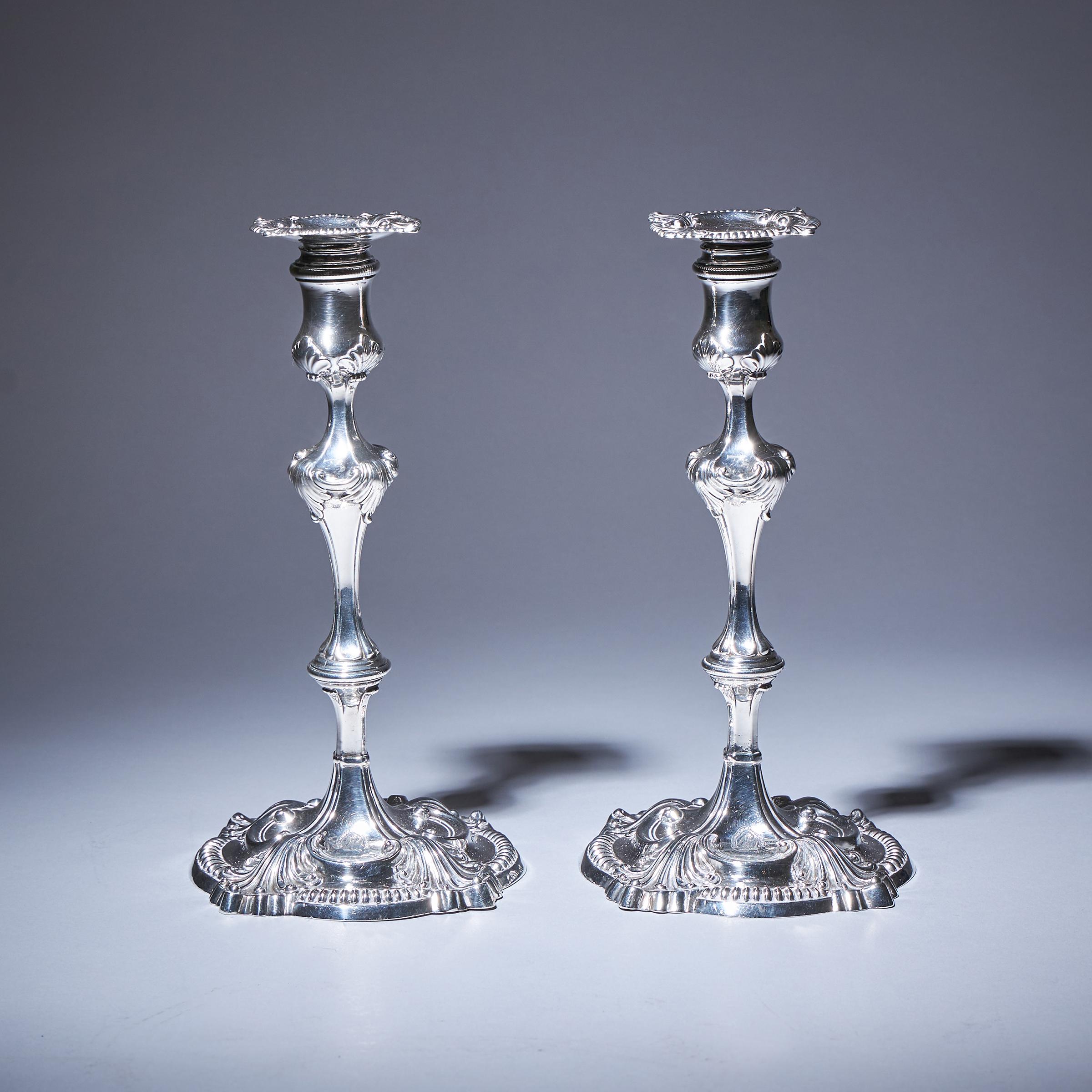 Rococo Pair of 18th Century George III Silver Candlesticks by David Bell, London, 1762 For Sale