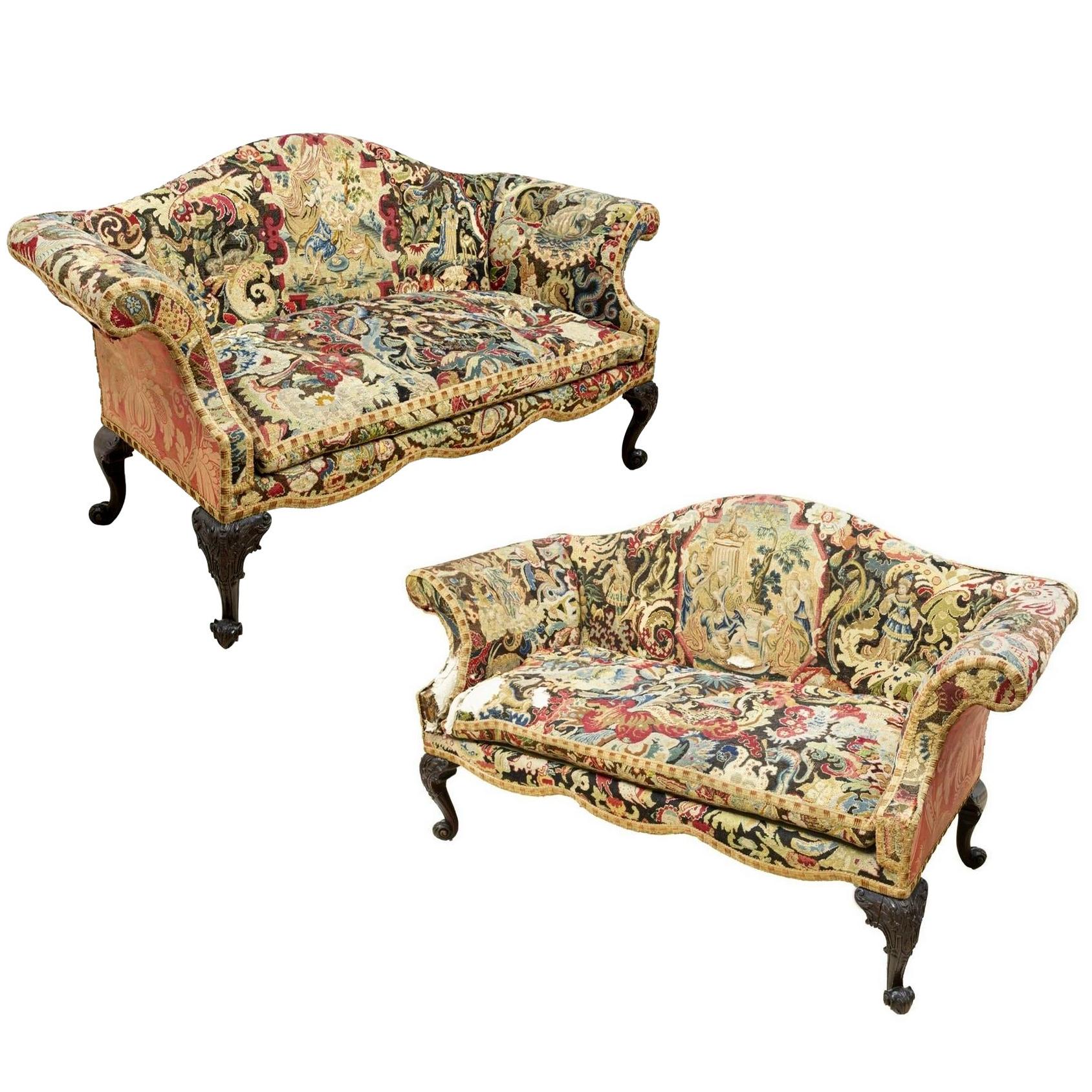 Pair of 18th Century Georgian Chippendale Sofas with Early Needlework