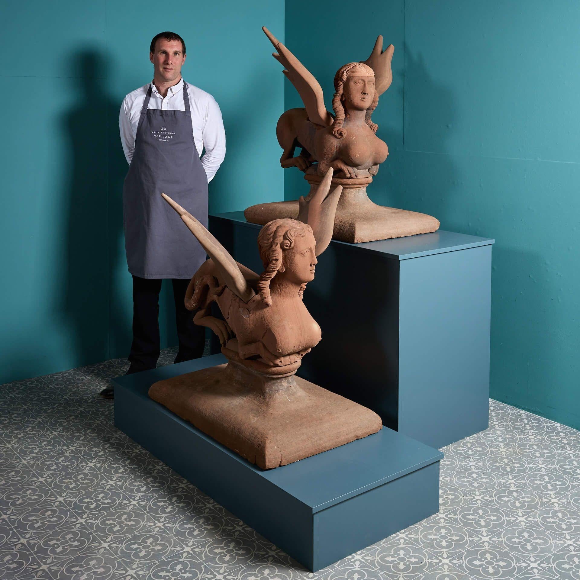 A unique opportunity to purchase a pair of 18th century Georgian sandstone sphinx statues or gate pier ornaments, originally from High Head Castle, Cumbria.
 
These antique winged sphinx statues date to the remodelling of the High Head Castle in