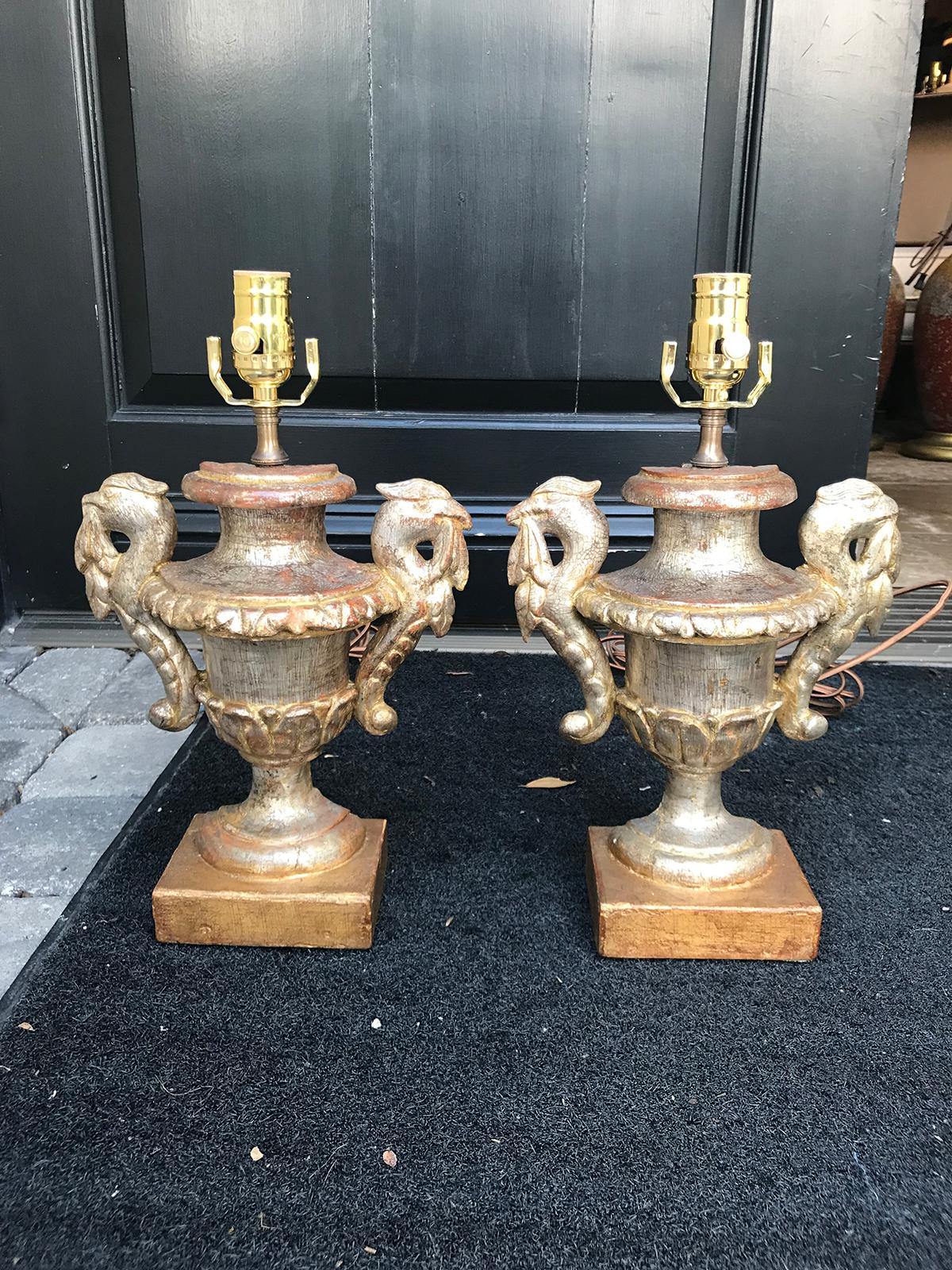 18th Century and Earlier Pair of 18th Century Gilded Italian Neoclassical Urns as Lamps