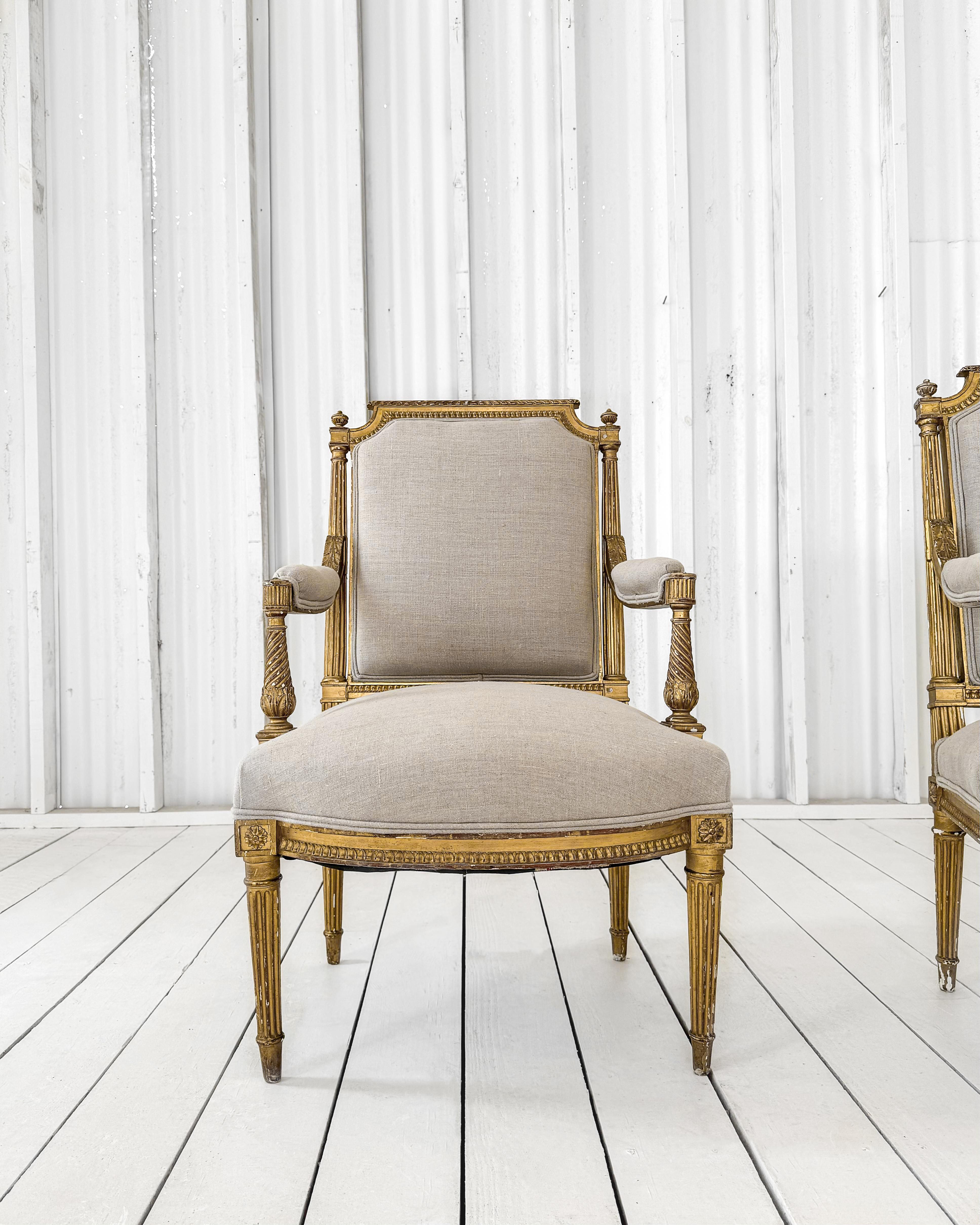 French Pair of 18th Century Gilded Louis XVI Period Armchairs
