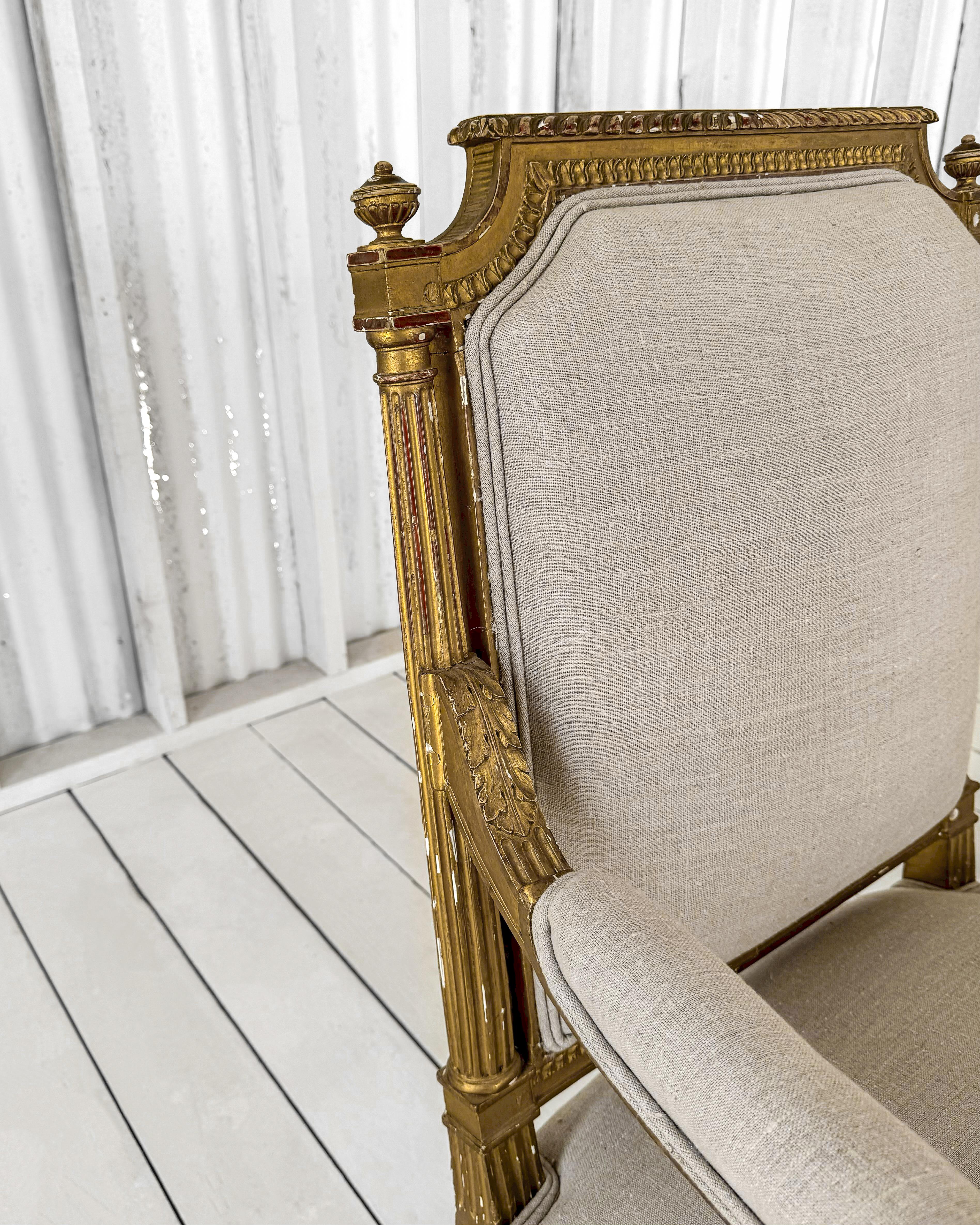 Linen Pair of 18th Century Gilded Louis XVI Period Armchairs
