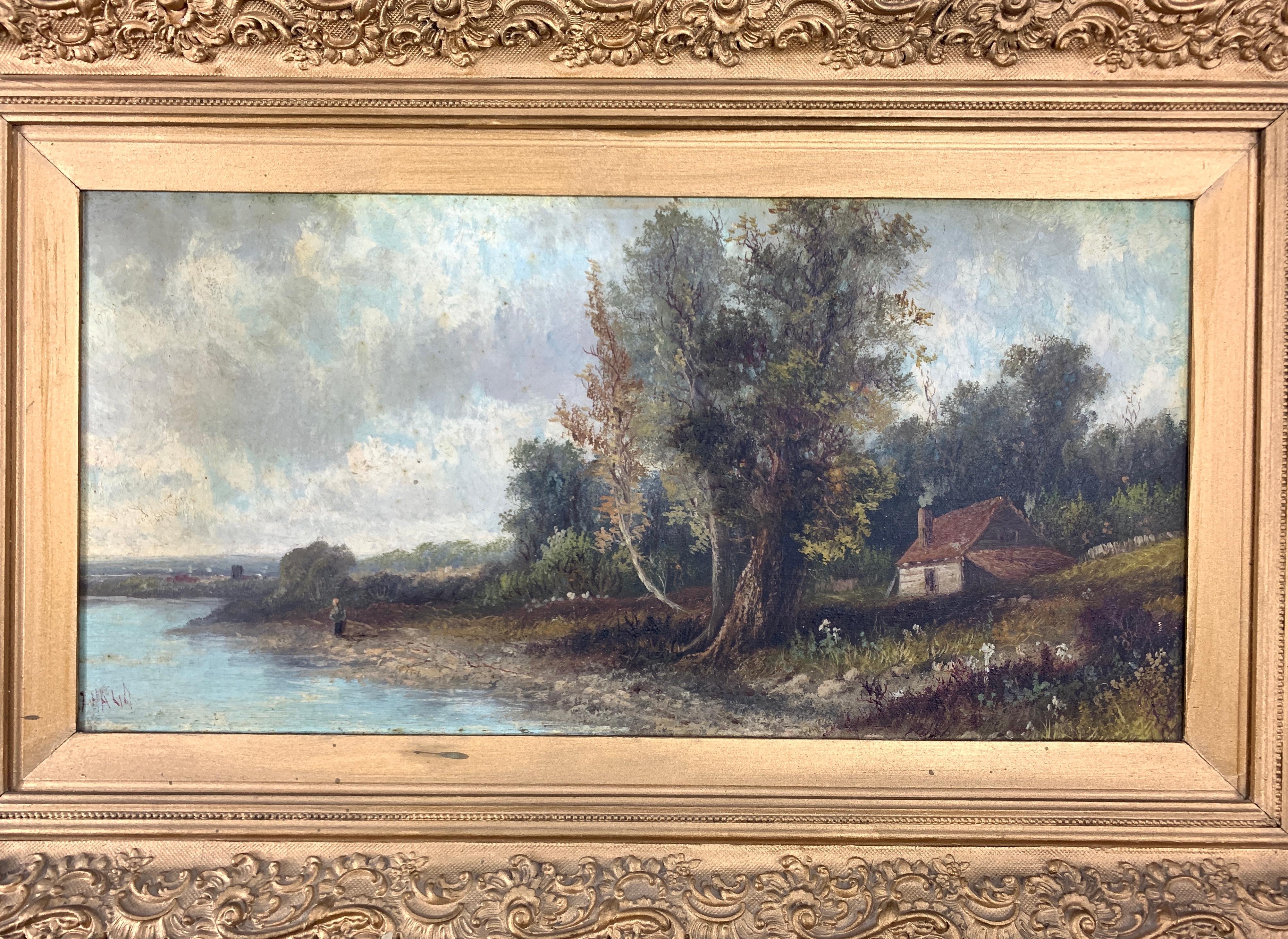 Oil on canvas paintings by the english artist John Hall, depicts an English country landscape with a stream and cottage signed “J. Hall” and mounted in a gilt frame. 

Measures: H: 51.5 cm, W: 80.5 cm, D: 5.5 cm 

Canvas: H: 31 cm, W: 61 cm, D: