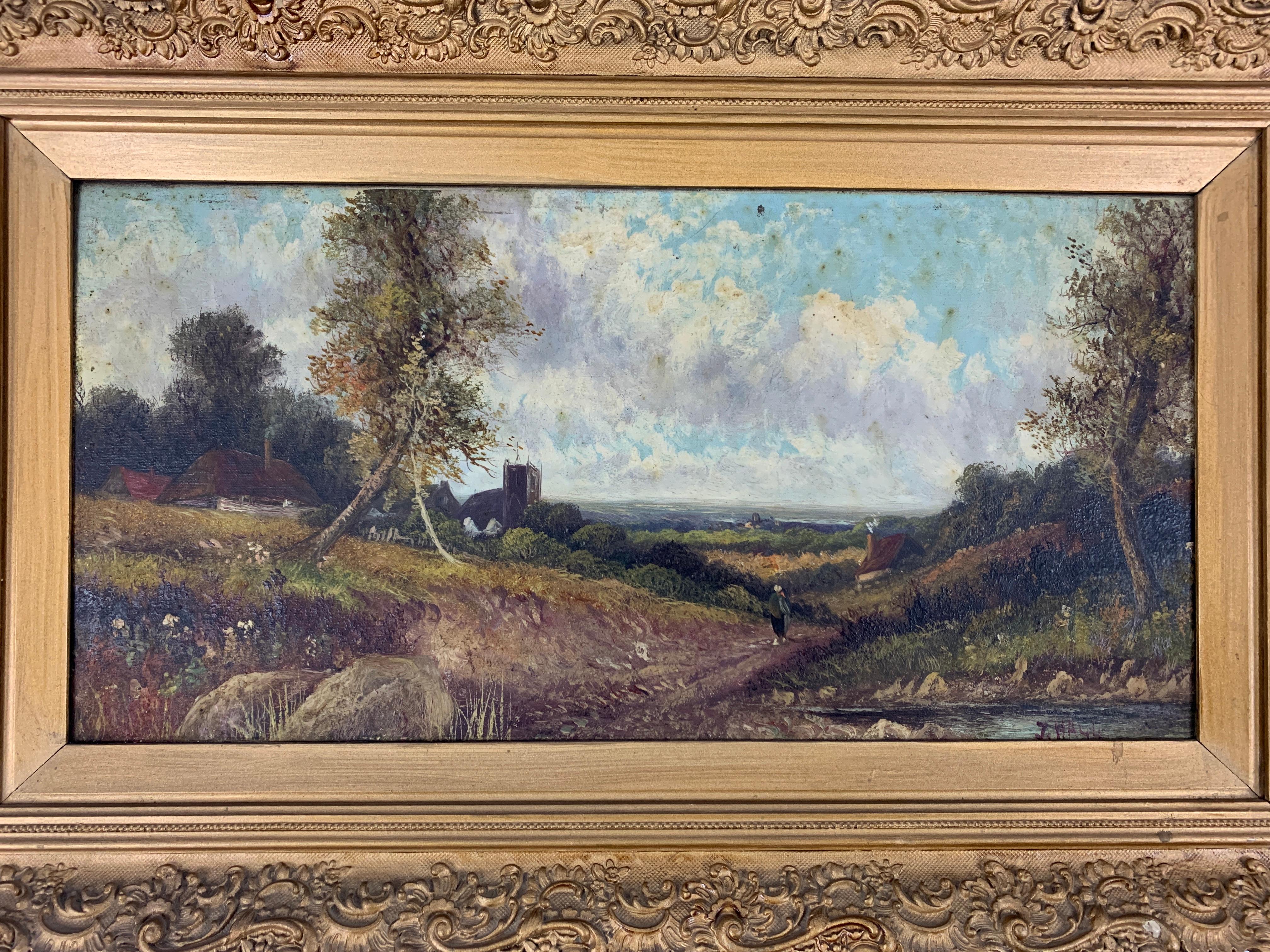 Paint Pair of 18th Century Gilt-Wood Framed Oil on Canvas Landscapes, Signed J.Hall  For Sale