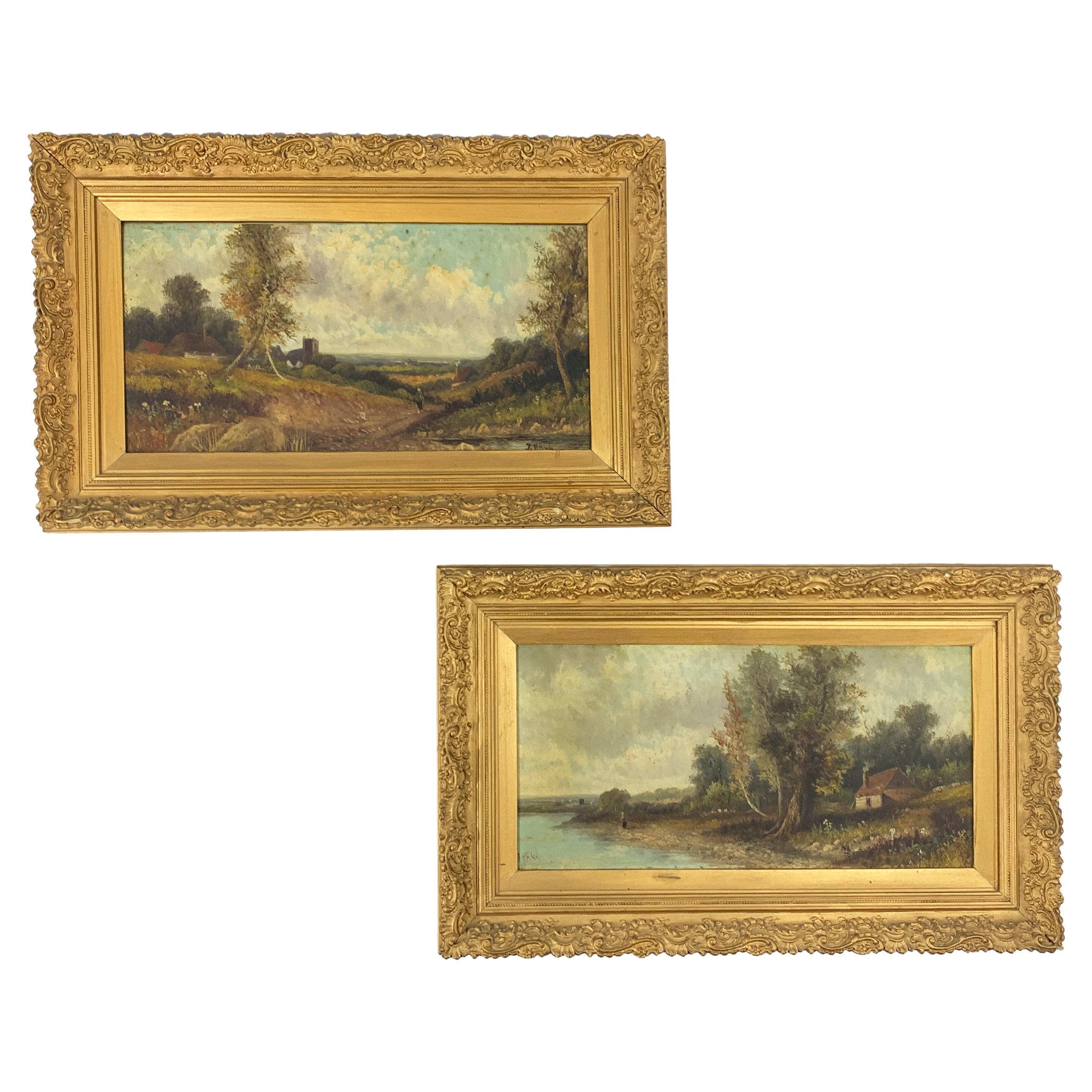 Pair of 18th Century Gilt-Wood Framed Oil on Canvas Landscapes, Signed J.Hall  For Sale
