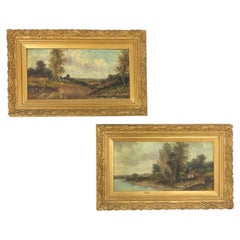 Pair of 18th Century Gilt-Wood Framed Oil on Canvas Landscapes, Signed J.Hall 