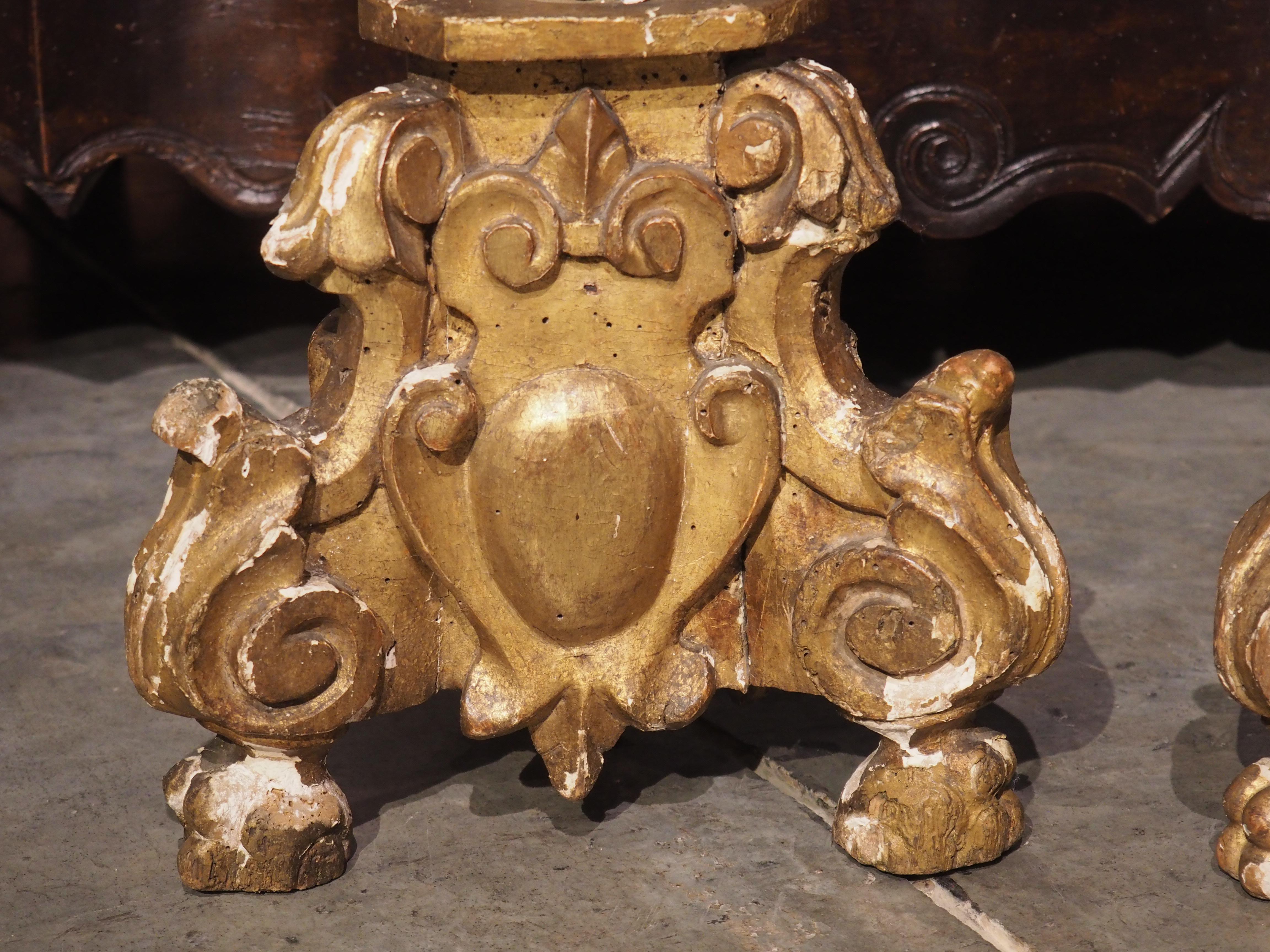 French Pair of 18th Century Giltwood Altar Candlesticks from France