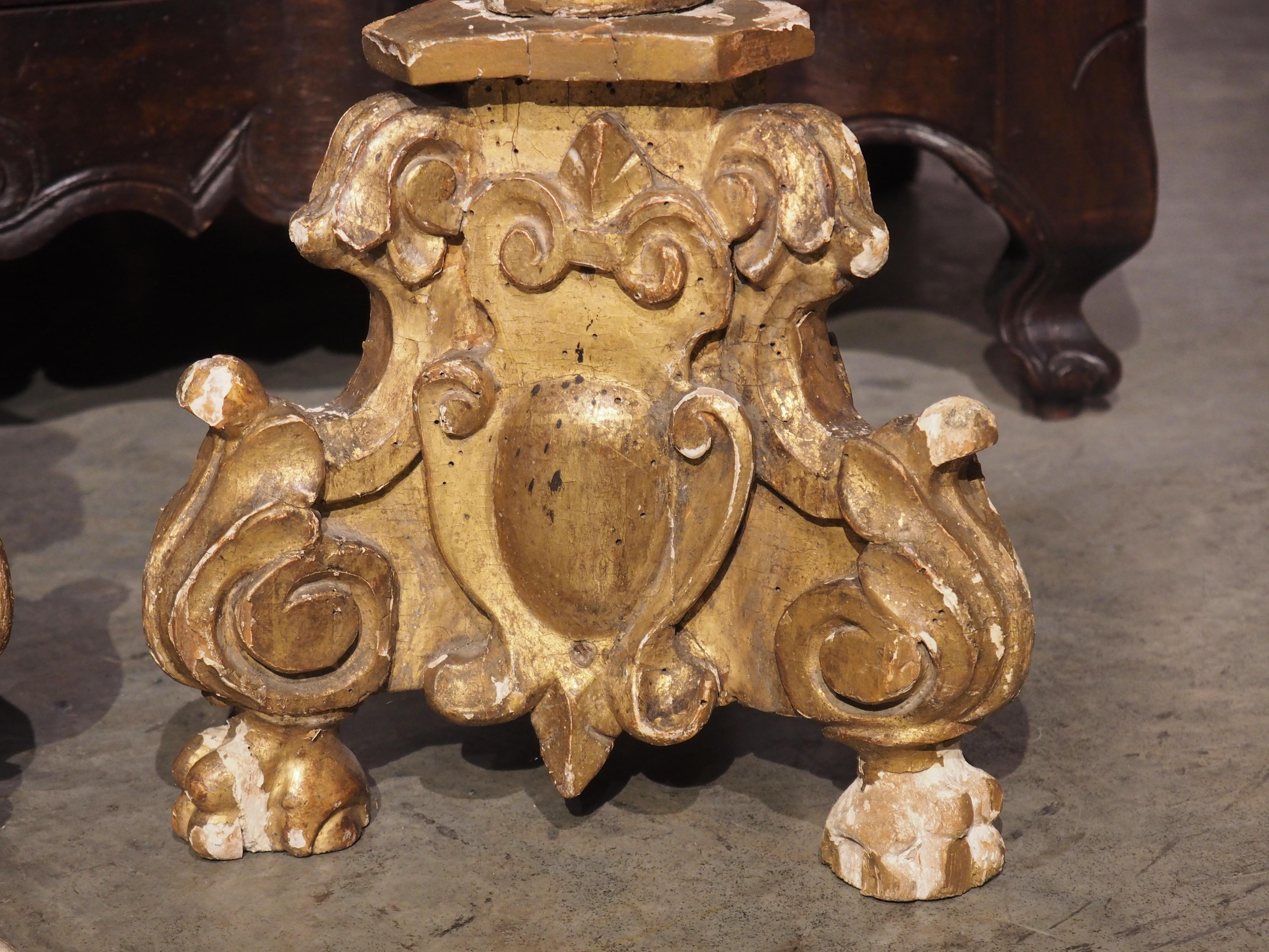 Hand-Carved Pair of 18th Century Giltwood Altar Candlesticks from France