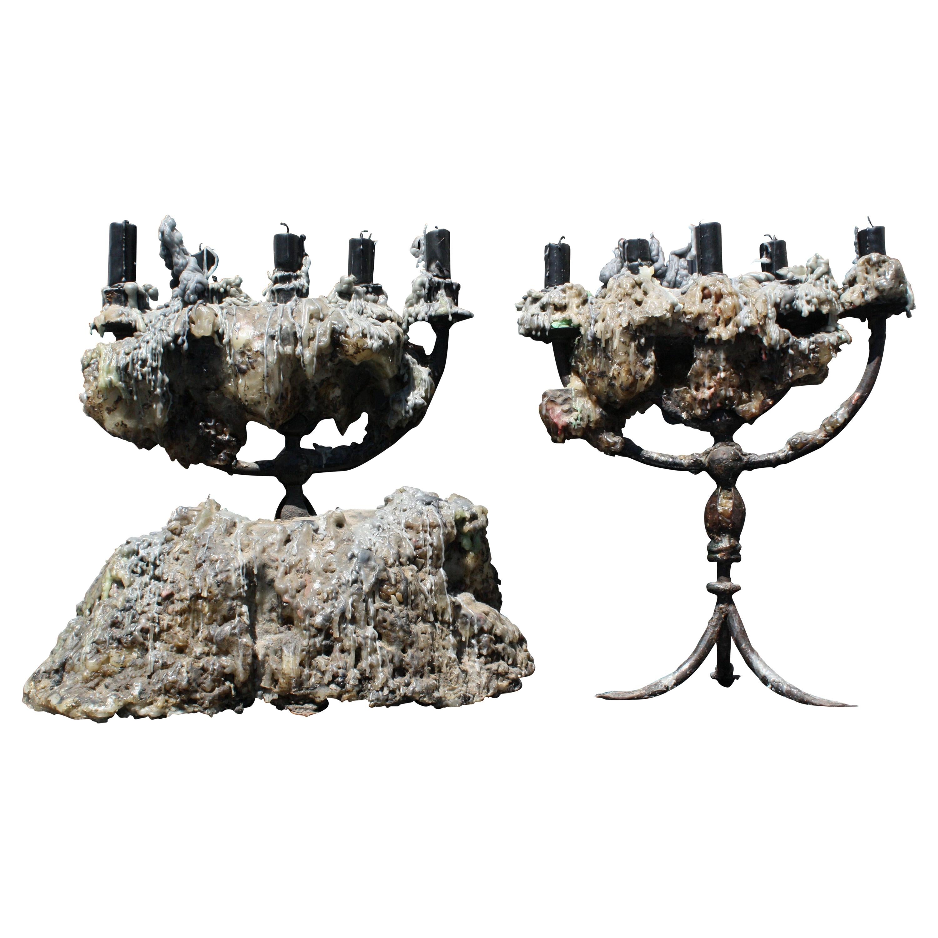 Pair of 18th Century Gothic Italian Wrought Iron Candelabra Cocooned in Wax